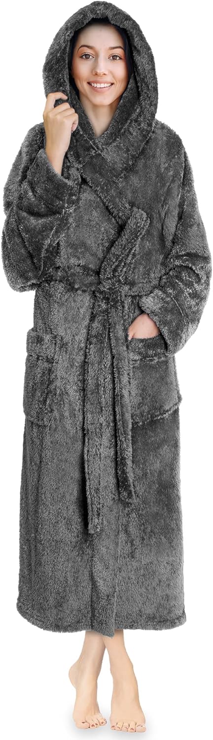 PAVILIA Women Hooded Plush Soft Robe | Fluffy Warm Fleece Sherpa Shaggy Bathrobe