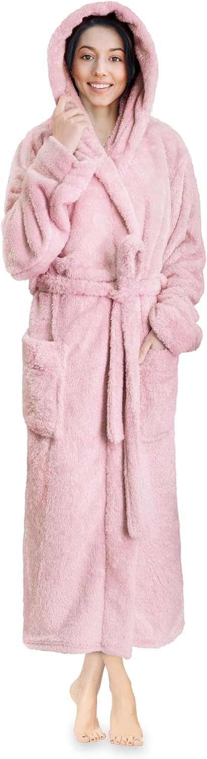 PAVILIA Women Hooded Plush Soft Robe | Fluffy Warm Fleece Sherpa Shaggy Bathrobe