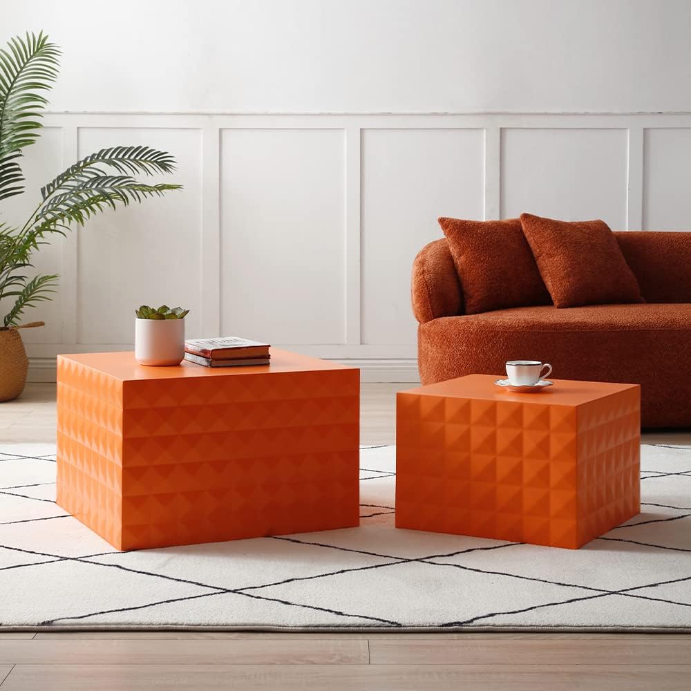 WILLIAMSPACE Nesting Coffee Table Set of 2, Matte Orange Square Wooden Coffee Tables, Modern Luxury Side Tables Accent End Table for Living Room Apartment, 23.62*23.62*15.75H (Orange-Square)