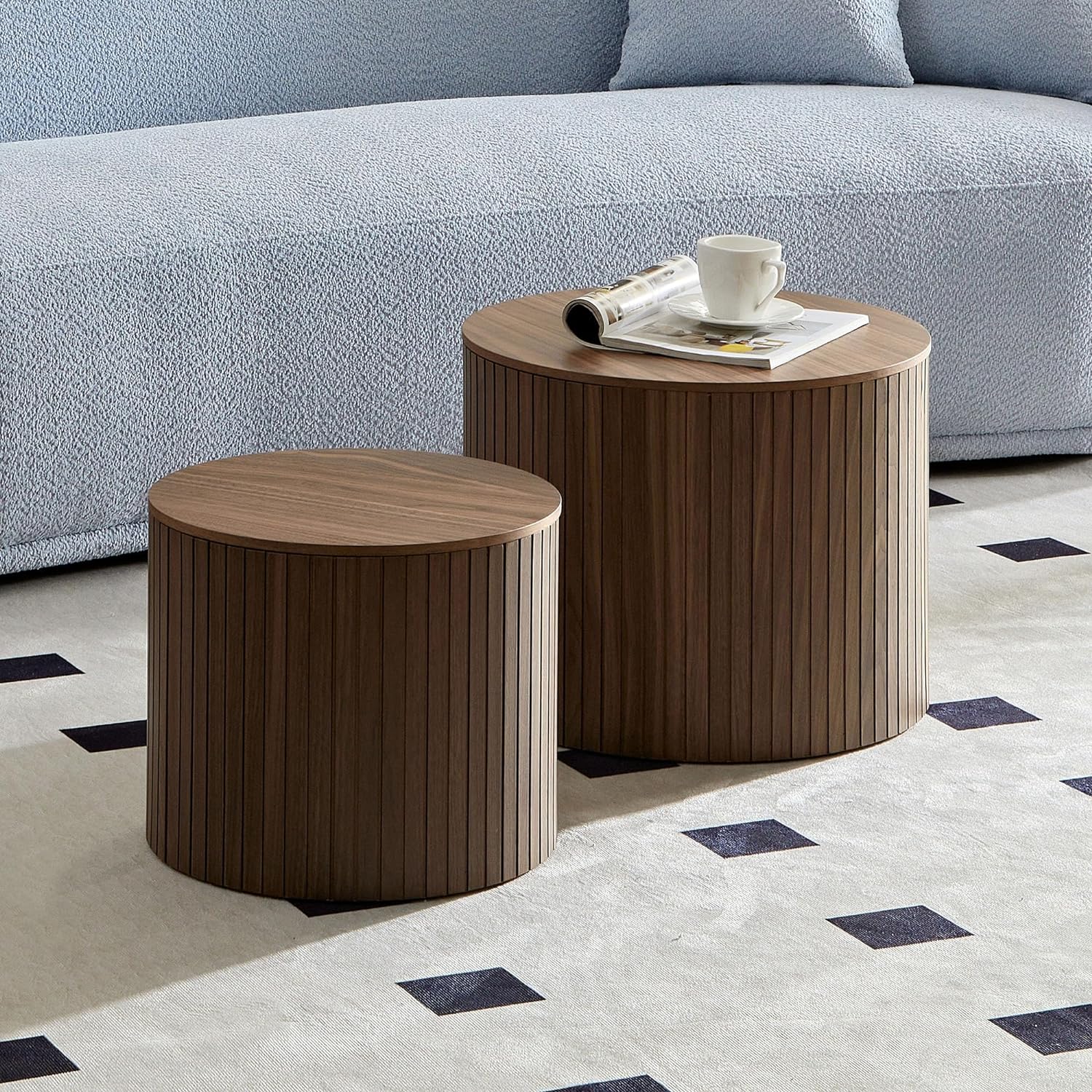 WILLIAMSPACE 19.17 Nesting Coffee Table Set of 2, Walnut Round Wooden Modern Circle Center Table with Storage for Living Room, Accent End Side Table for Small Space (Walnut)