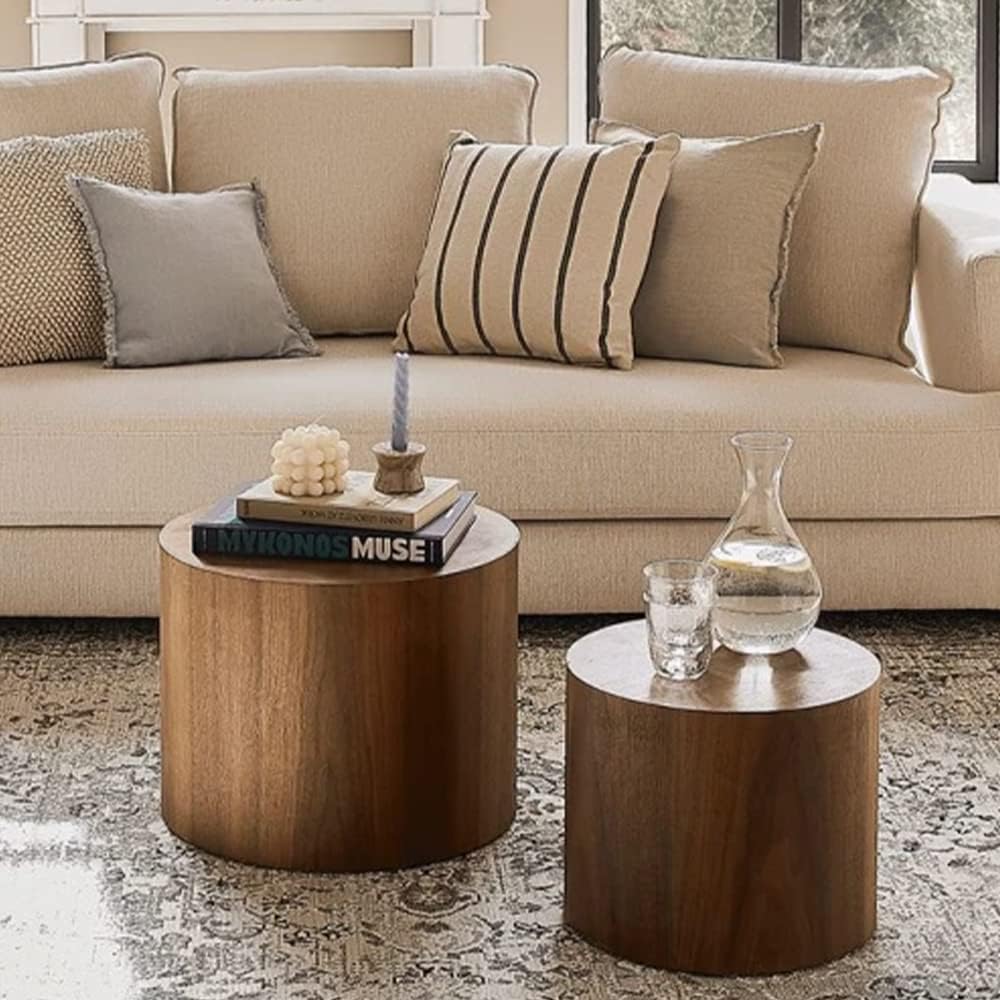 WILLIAMSPACE Nesting Coffee Table Set of 2, Walnut Round Wooden Coffee Tables Modern Circle Table for Small Space Living Room Bedroom Accent End Side Table (Walnut-Round)
