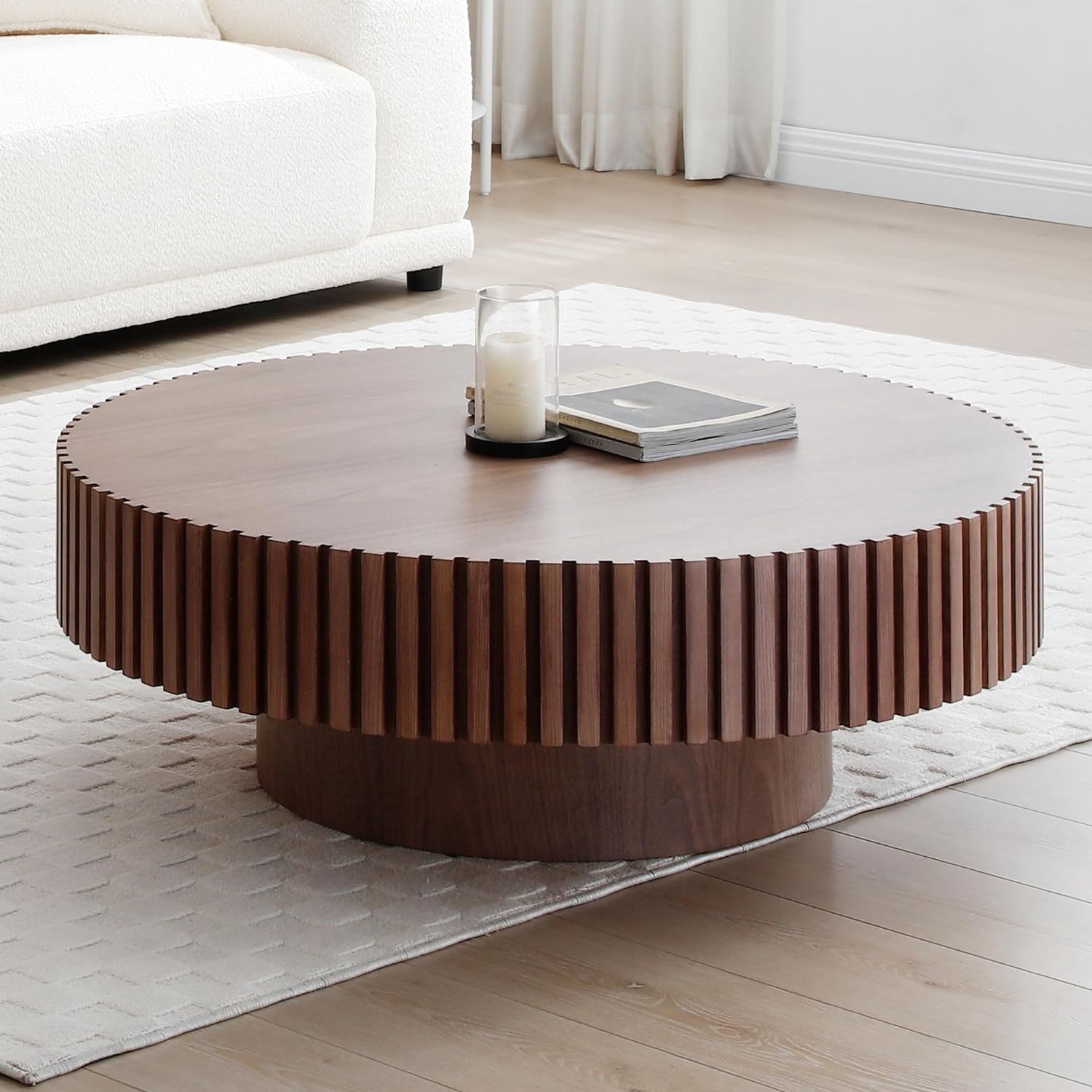 WILLIAMSPACE 31.49 Walnut Round Coffee Table, Modern Luxury Wood Circle Drum Center Table for Living Room, Accent Side Table End Table for Apartment, 31.49'' x 13.77''H (Walnut)