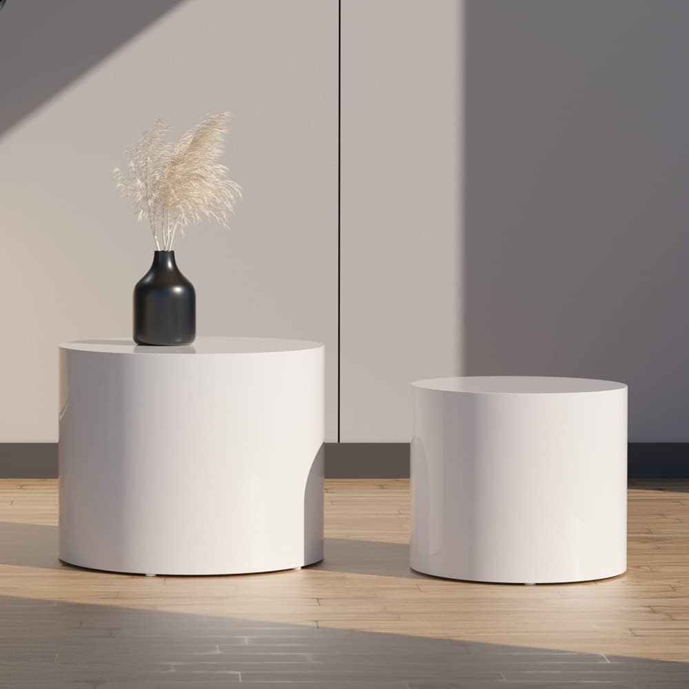 WILLIAMSPACE Nesting Coffee Table Set of 2, Matte White Round Wooden Coffee Tables Modern Circle Table for Small Space Living Room Bedroom Accent End Side Table (Matte White-Round)