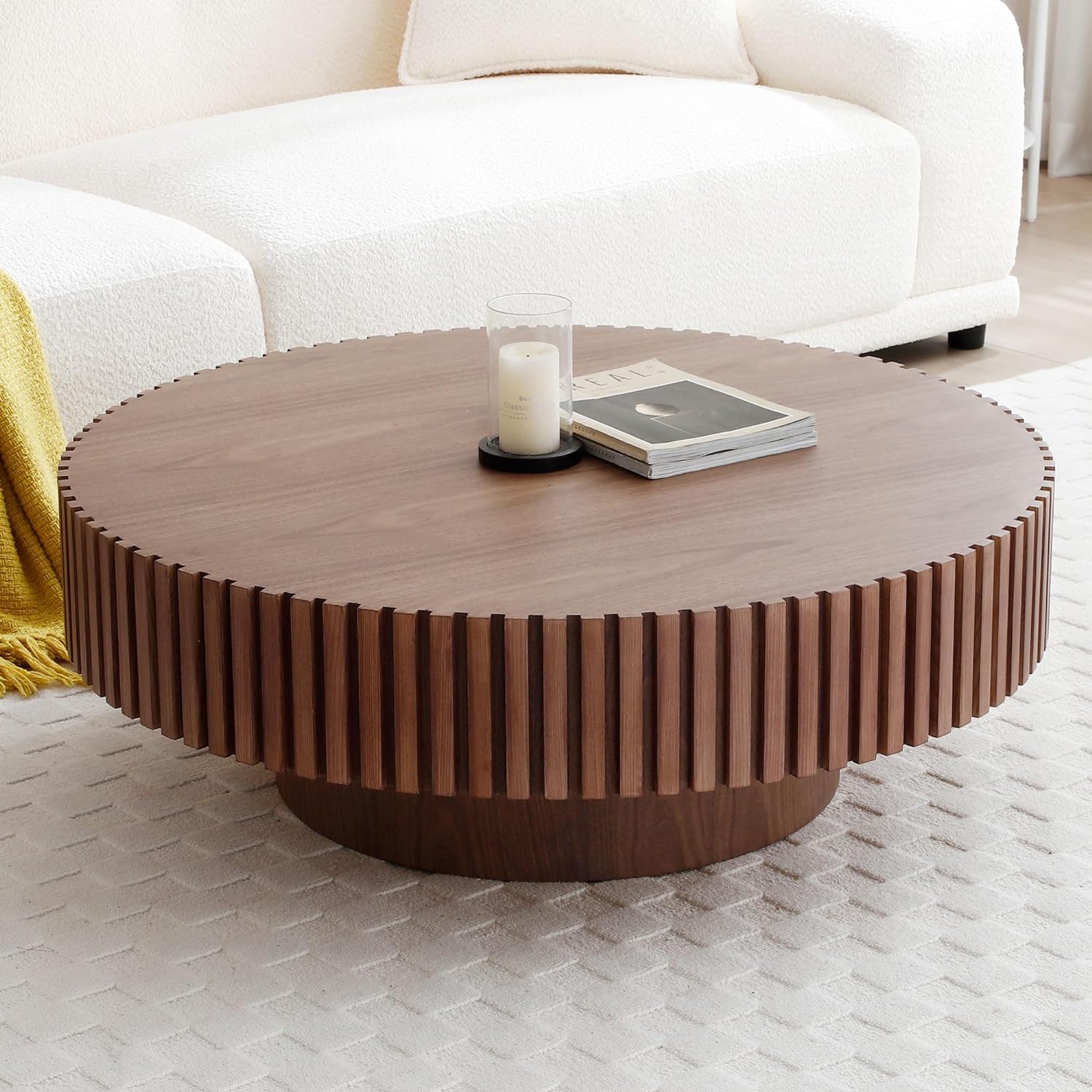WILLIAMSPACE 39.4 Walnut Round Coffee Table, Modern Luxury Wood Circle Drum Center Table for Living Room, Accent Side Table End Table for Apartment, 39.4'' x 13.4''H (Walnut)