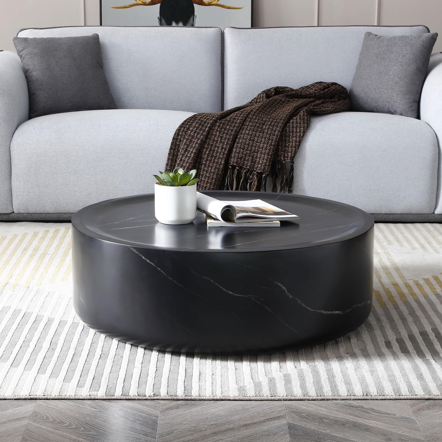 WILLIAMSPACE 35.43 Round Black Coffee Table with Marble Texture, Modern Drum Circle Fiberglass Coffee Table Side Table End Table for Living Room, 35.43*11.81H (Matte Black-Low Coffee Table)