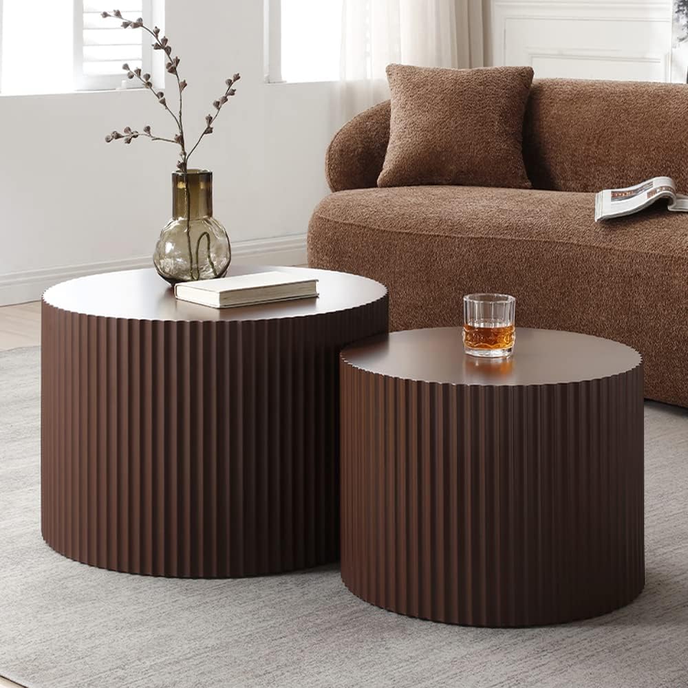 WILLIAMSPACE Nesting Coffee Table Set of 2, Matte Brown Round Wooden Coffee Tables, Modern Luxury Side Tables Accent End Table for Living Room Apartment, 23.62*23.62*15.75H (Brown-Round)
