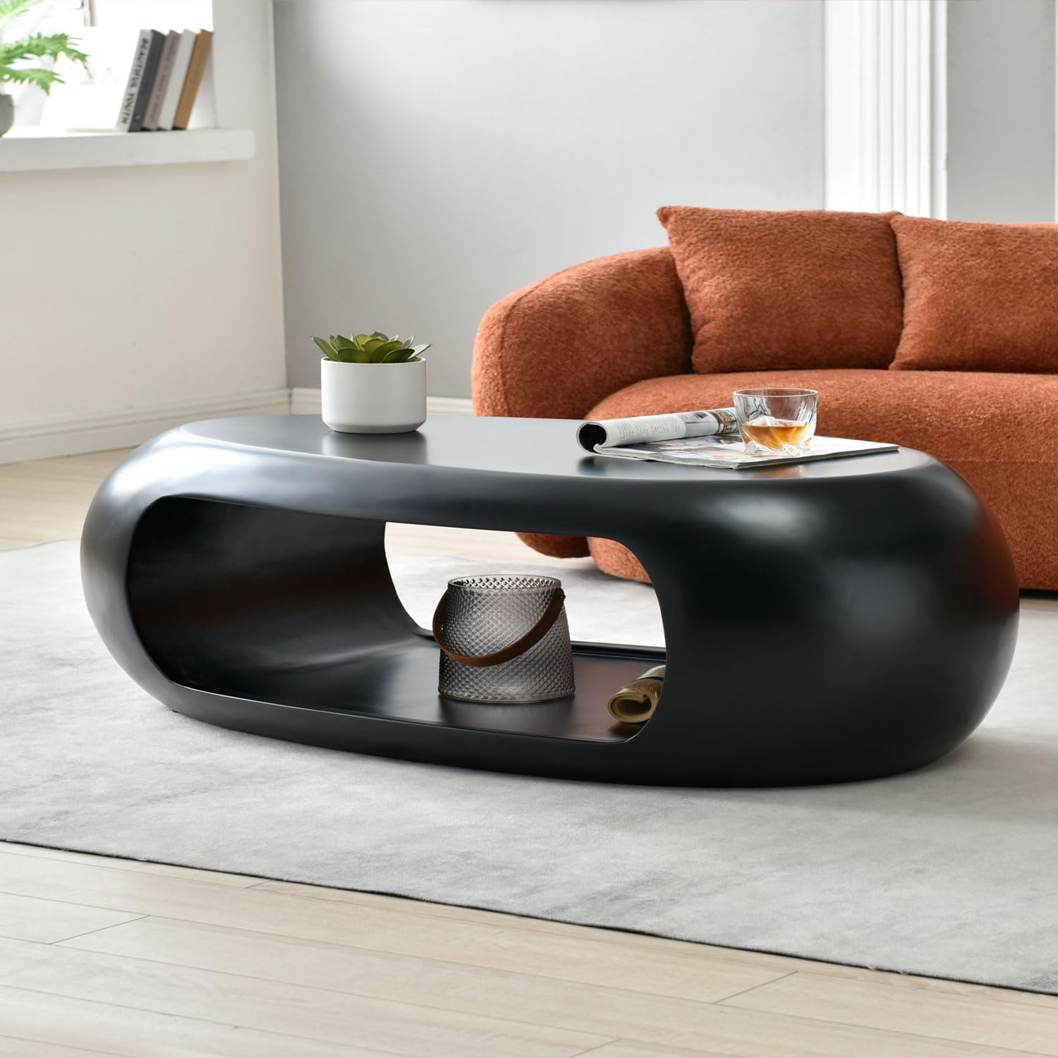 WILLIAMSPACE 55.11 Modern Black Oval Coffee Table with Storage for Living Room, Fiberglass Coffee Table, Double Layer Coffee Table Side Table End Table, No Assembly, 55.11*22.83*14.96 (Black)