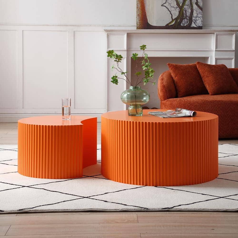 WILLIAMSPACE Nesting Coffee Table Set of 2, Matte Orange Round Wooden Coffee Tables, Modern Luxury Side Tables Accent End Table for Living Room Apartment (Orange-Round)
