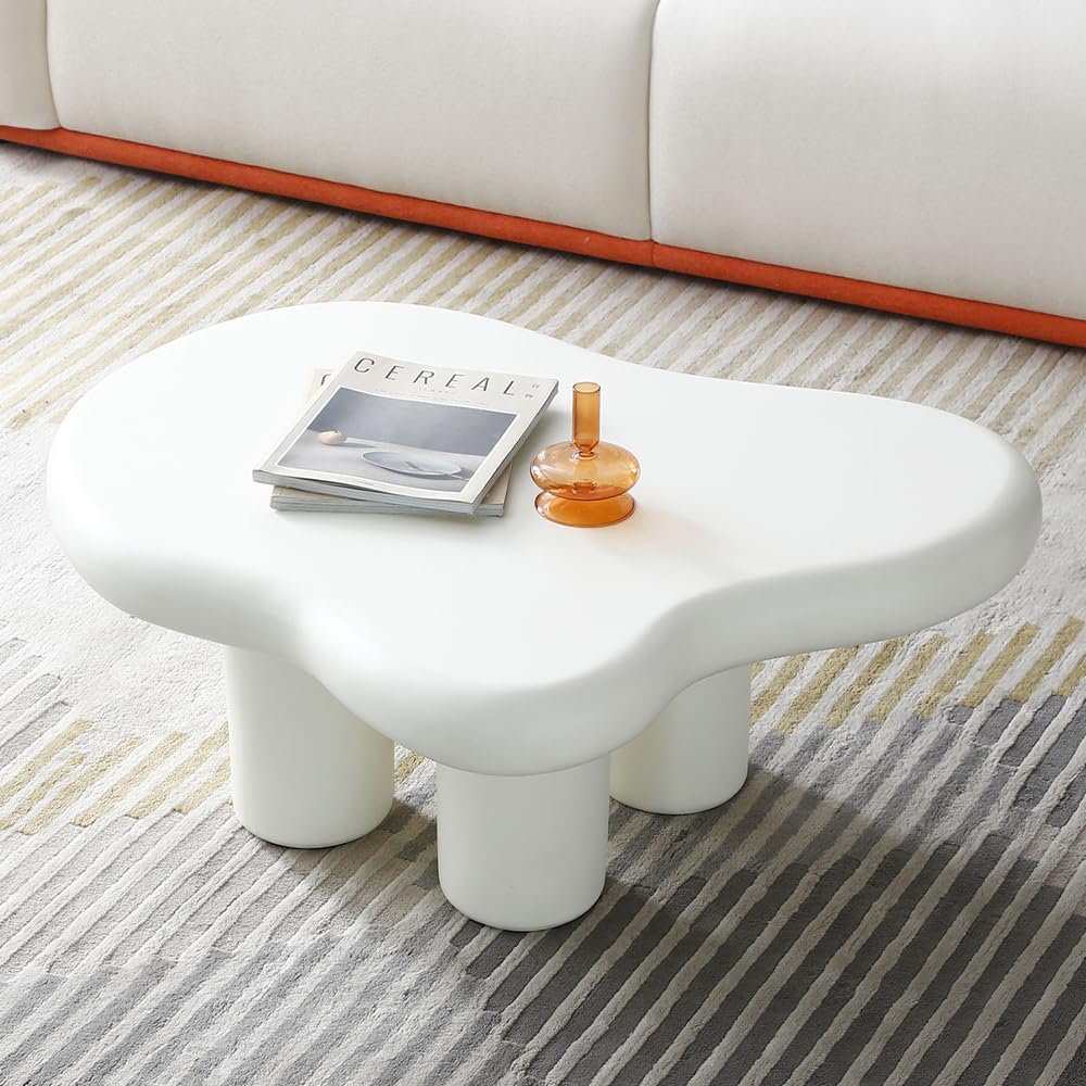 WILLIAMSPACE Cloud Coffee Table, Modern White Cute Coffee Table, Fiberglass Cloud-Shape Coffee Table, End Table with 4 Short Legs for Living Room, 35.43*29.52*13.77 (Cream White-Low Coffee Table)