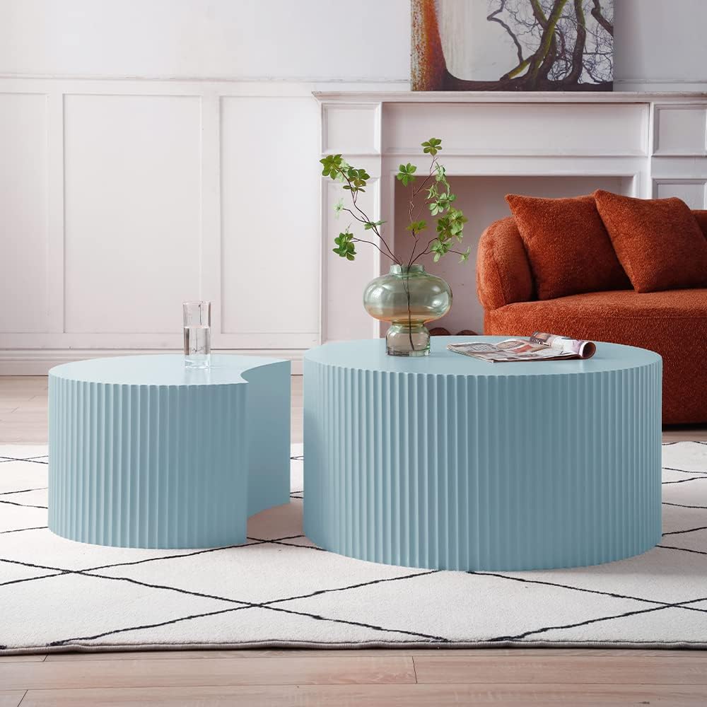 WILLIAMSPACE Nesting Coffee Table Set of 2, Matte Blue Round Wooden Coffee Tables, Modern Luxury Side Tables Accent End Table for Living Room Apartment (Blue-Round)