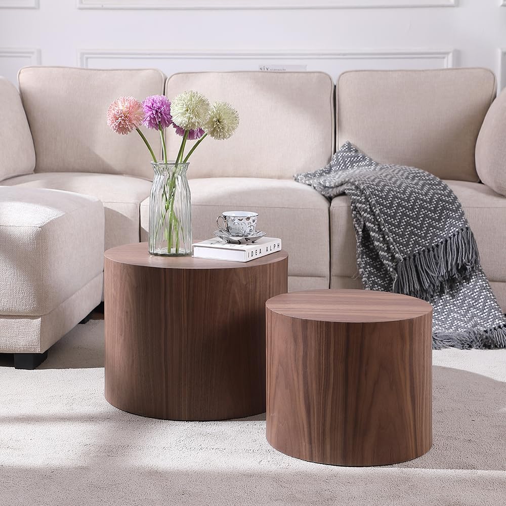 WILLIAMSPACE Nesting End Table Walnut, Wooden Round Coffee Tables Modern Circle Table Set of 2 for Small Space Living Room Bedroom Accent Side Table (Walnut, Round)