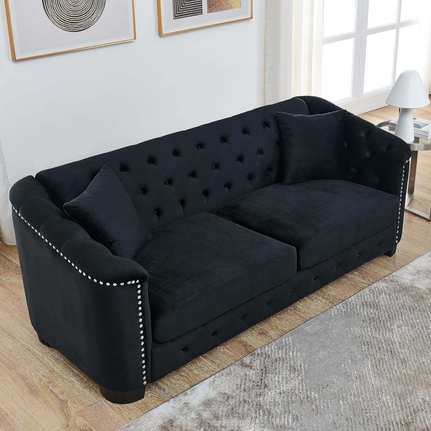 WILLIAMSPACE 77 Velvet Sectional Sofa Couch for Living Room, Modern Chesterfield Sofa 3-Seater Couch, Upholstered Tufted Backrests with Nailhead Arms and 2 Cushions for Apartment Office (Black)