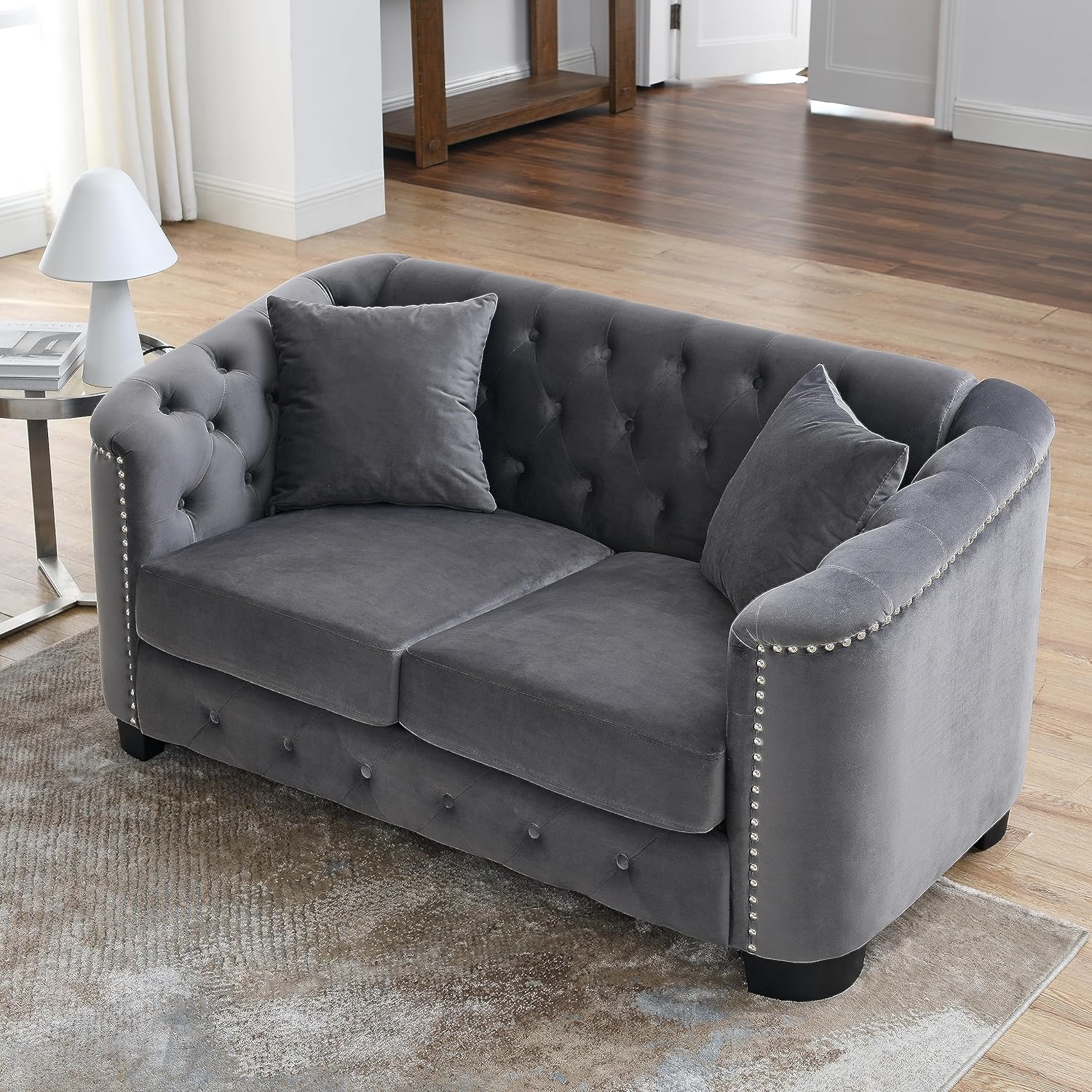WILLIAMSPACE 59 Velvet Loveseat Sofa Couch for Living Room, Modern Chesterfield Sofa 2-Seater Couch, Upholstered Tufted Backrests with Nailhead Arms and 2 Cushions for Apartment Office (Grey)