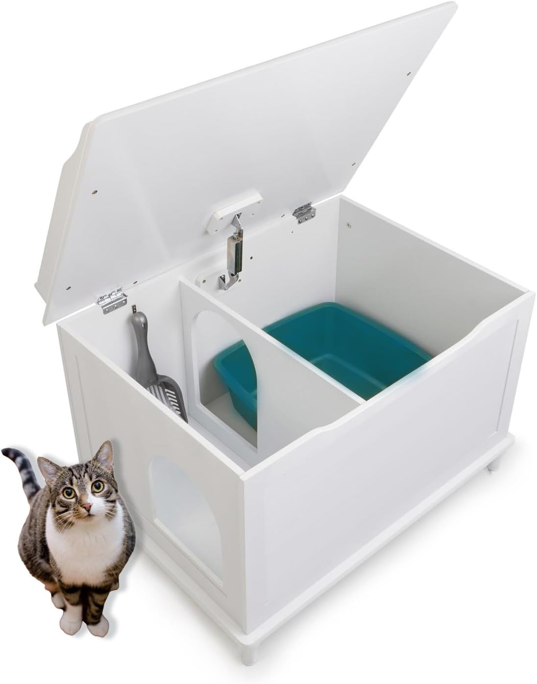 It can be used as a litter box, or eating station, plus a bed on top. Very nice piece of furniture for your home in hiding the litter box. Durable.