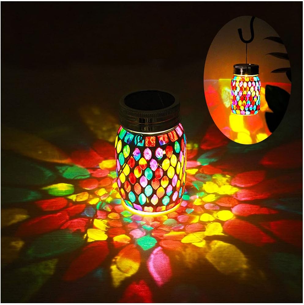 Mosaic Solar Lights Outdoor Hanging Lanterns, Rechargeable Mosaic Solar Lanterns Outdoor Waterproof Solar Night Lights Table Lamps for Decorations