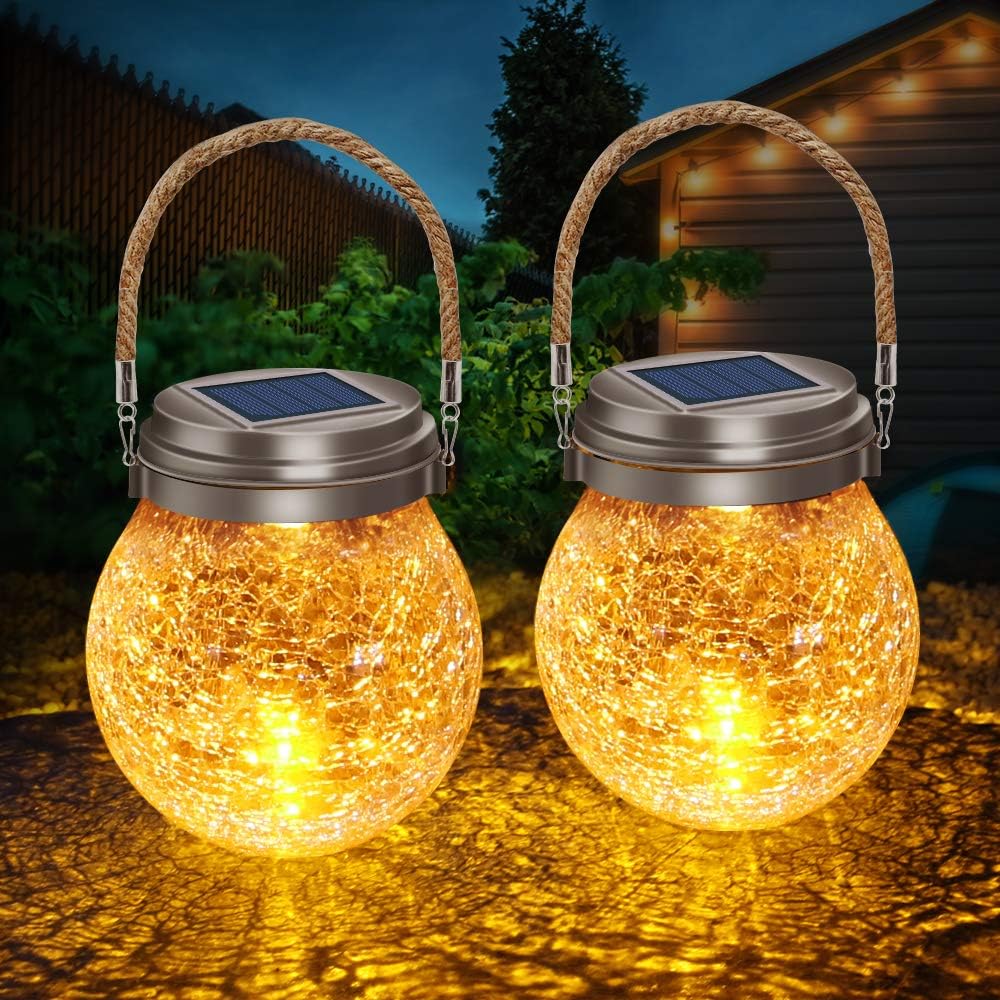 Solar Lantern Crackle Glass Ball, Amber Warm Solar Lanterns Outdoor Waterproof Solar Garden Decor Patio Lights with 2 Modes Hanging Solar Lights Outdoor Decorative Lantern,2 Pack