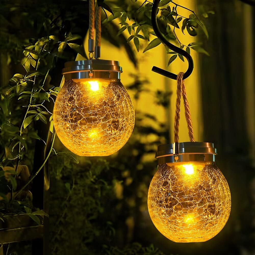 Solar Lanterns Outdoor Waterproof, 2 Modes Solar Lantern Crackle Glass Ball Hanging Solar Lights Outdoor Waterproof Solar Garden Lights, Patio Garden Decor Decorative Lantern, 4 Pack