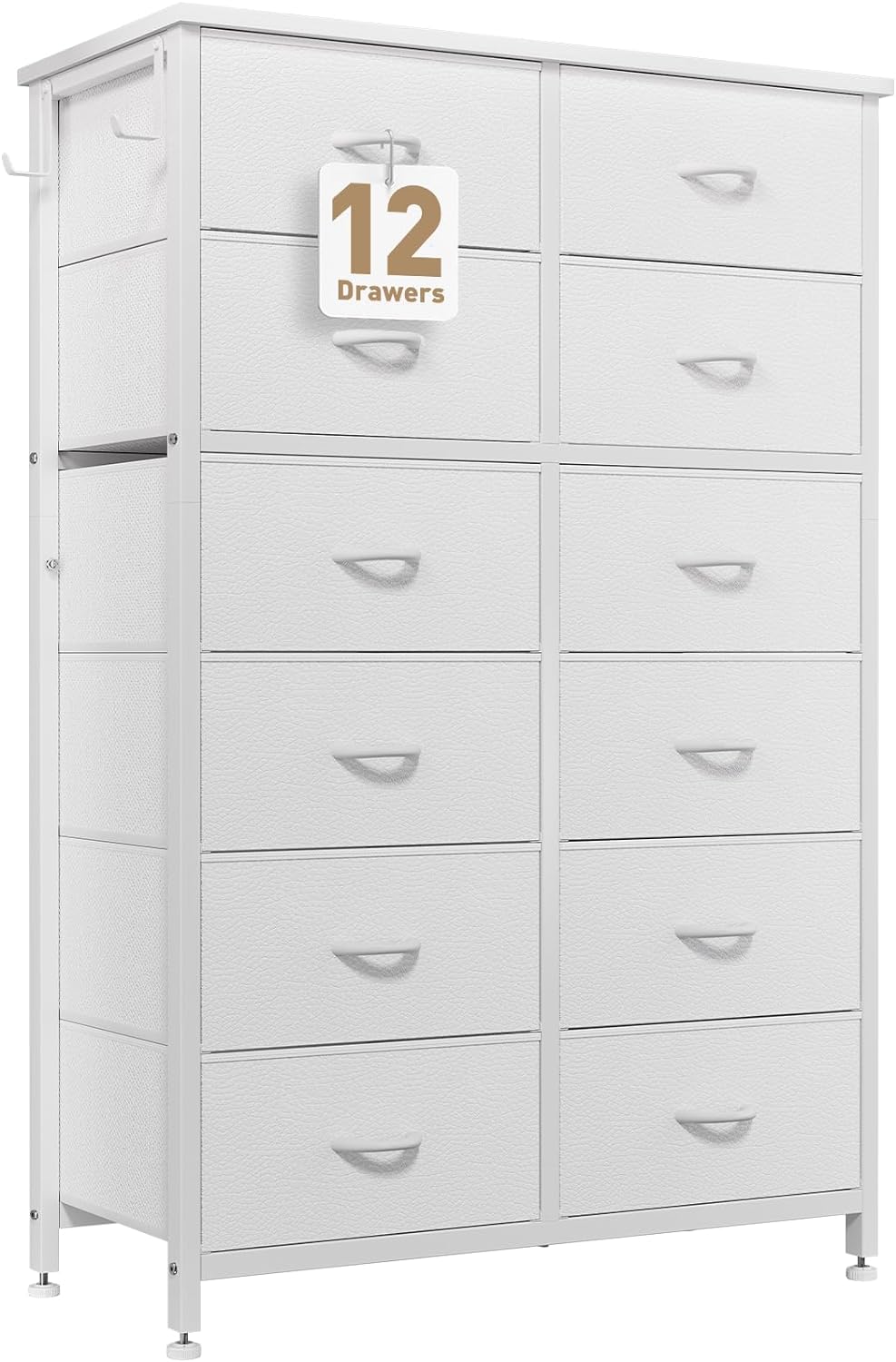 Dresser for Bedroom, 12 Drawers with Wooden Top, Fabric Bins, Hooks and Metal Frame, Tall Chest of Drawers for Living Room, Hallway, White