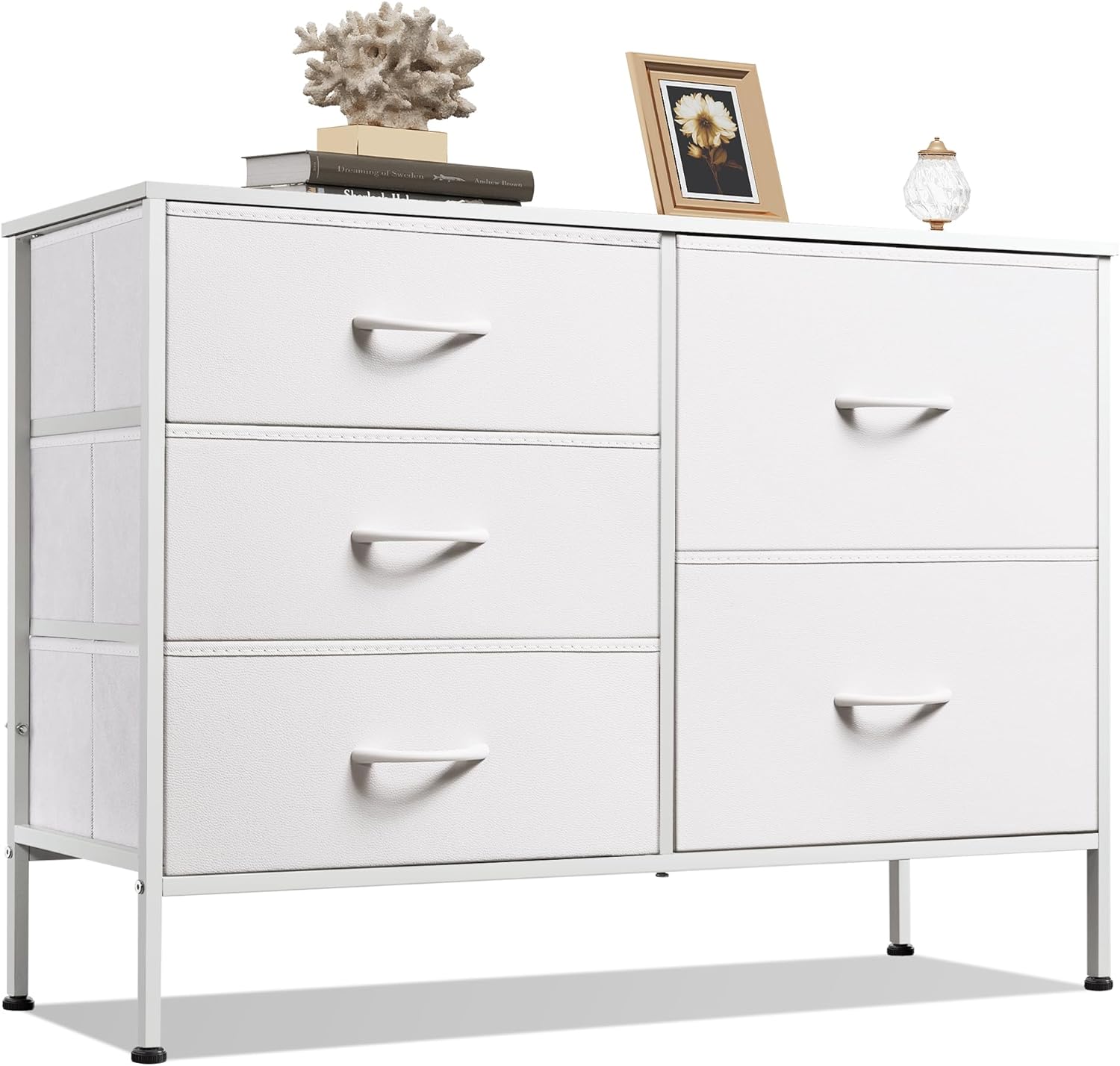 WLIVE Dresser for Bedroom with 5 Drawers, Wide Bedroom Dresser with Drawer Organizers, Chest of Drawers, Fabric Dresser for Living Room, Closet, Hallway, White