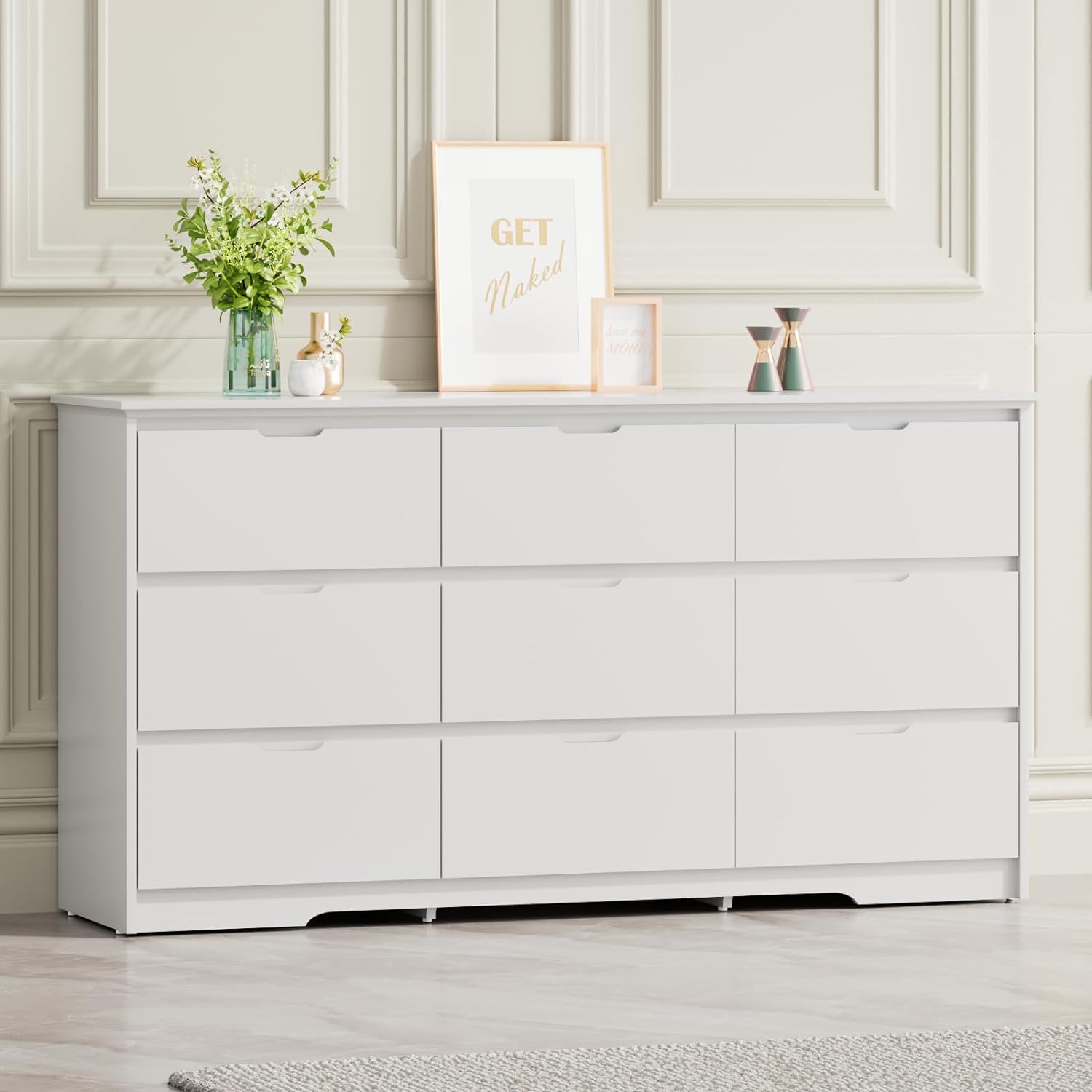 CARPETNAL 9 Drawer Dresser with Deep Drawers, Modern White Dresser for Bedroom, Large Wood Chest of Drawer with No Handle, Long Dresser for Living Room, Hallway, Nursery