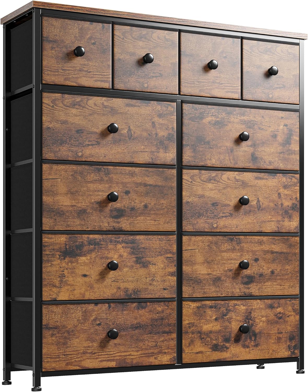 EnHomee Dresser, Dressers & Chests of Drawers with12 Drawers Tall Dressers for Bedroom Chest of Drawers Fabric Dresser for Bedroom, Closet, Living Room Wood Top Metal Frame Rustic Brown