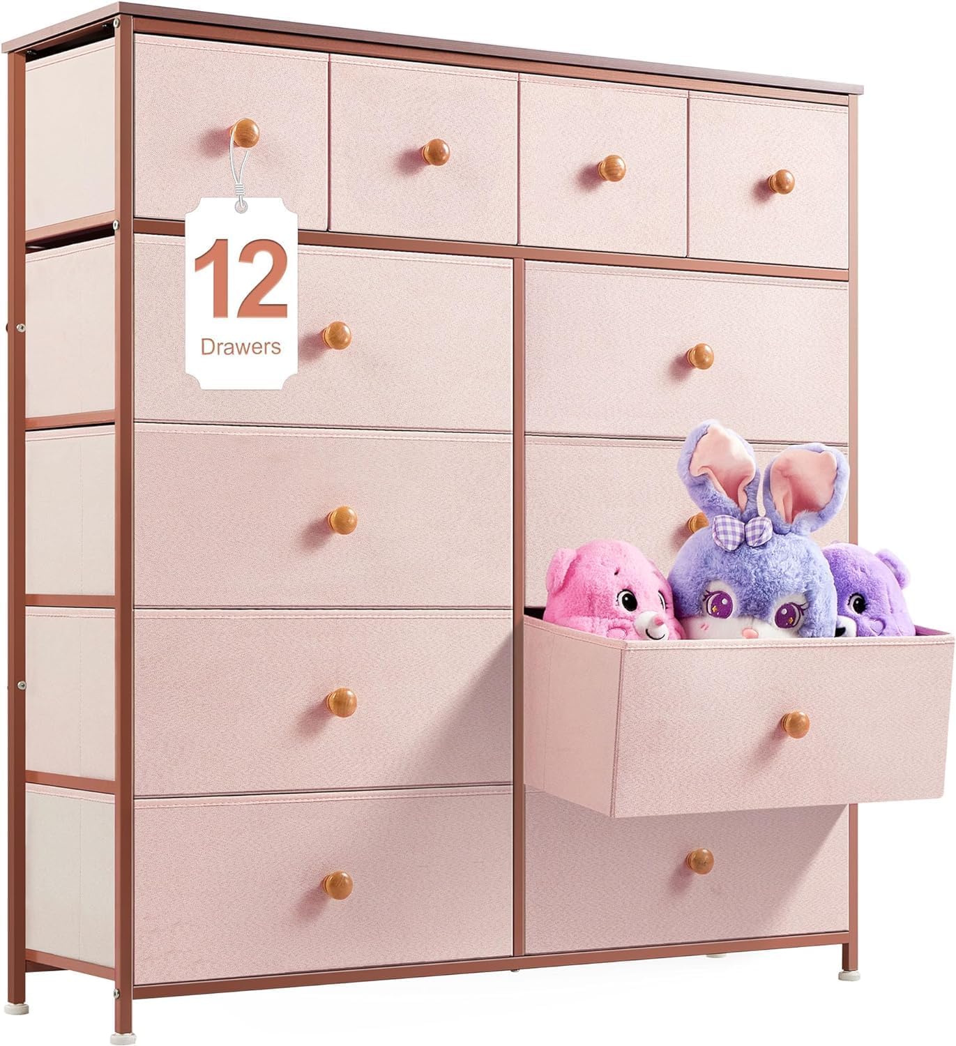 EnHomee Pink Dresser for Bedroom with 12 Drawers Dressers for Bedroom Pink Chest of Drawers with Wood Top, Metal Frame, Tall Dressers for Bedroom, Closet, Living Room Pink