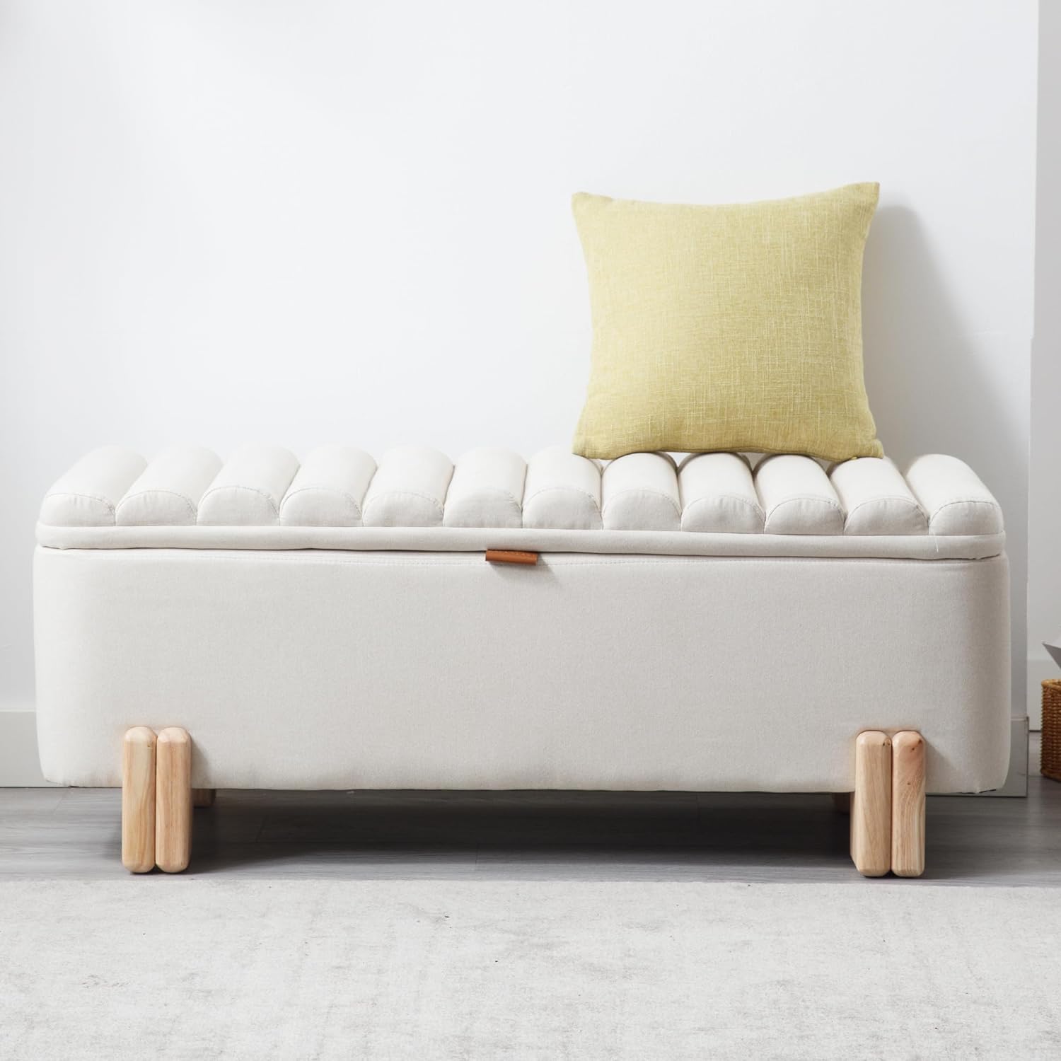 Wavy Ottoman Storage Bench Multi-Functional Narrow Entryway Bench Elegant End of Bed Bench with Storage and Safty Hinge for Living Room Entryway Hallway Bedroom Boutique, Beige