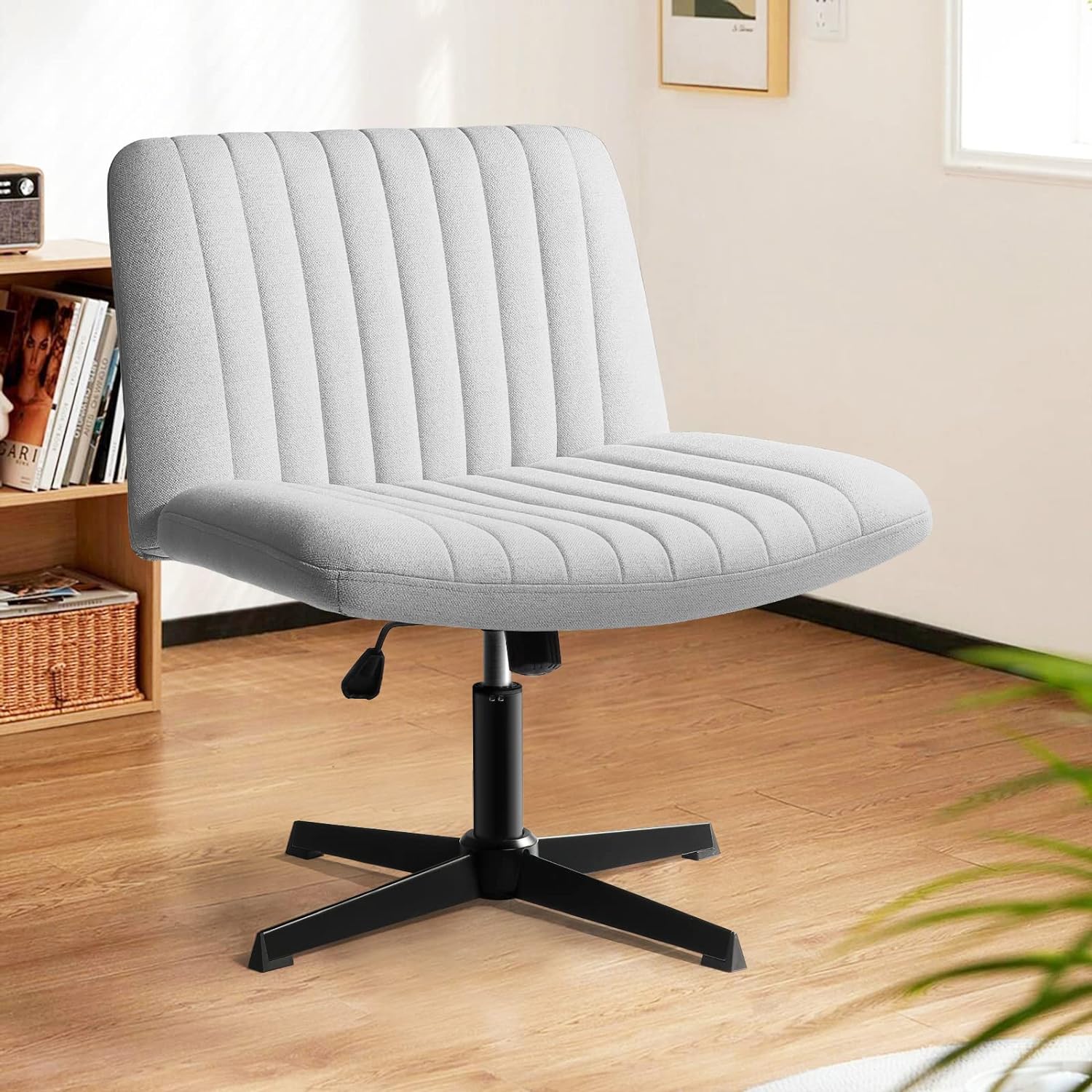 LEMBERI Criss Cross Desk Chair No Wheels, Fabric Padded Armless Wide Seat 120 Rocking Mid Back Ergonomic Computer Task Vanity Chairs for Office, Home, Make Up,Small Space, Bed Room,Gray