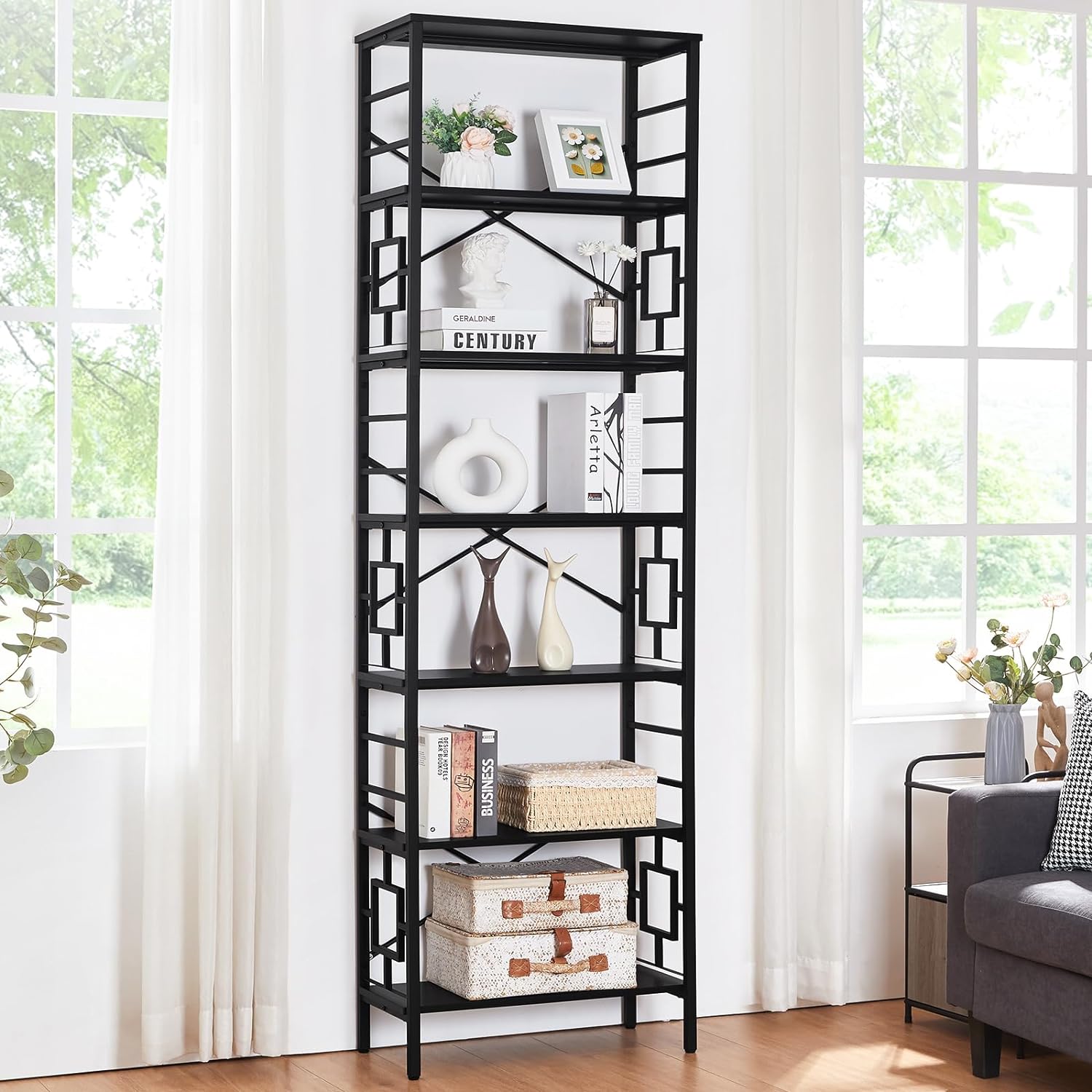 HOMISSUE Bookcase,7-Tier Tall Bookshelf Metal Bookcase and Bookshelves, Free Standing Storage Modern Bookshelf for Home Office Living Room and BedroomBlack