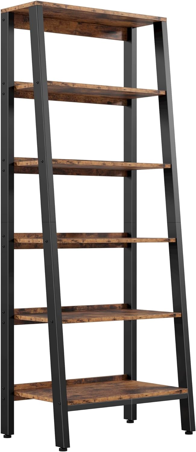 IRONCK Industrial Bookshelf 6-Tier, Bookcase Ladder Shelf, Storage Shelves Rack Shelf Unit, Accent Furniture Metal Frame, Home Office Furniture for Bathroom, Living Room