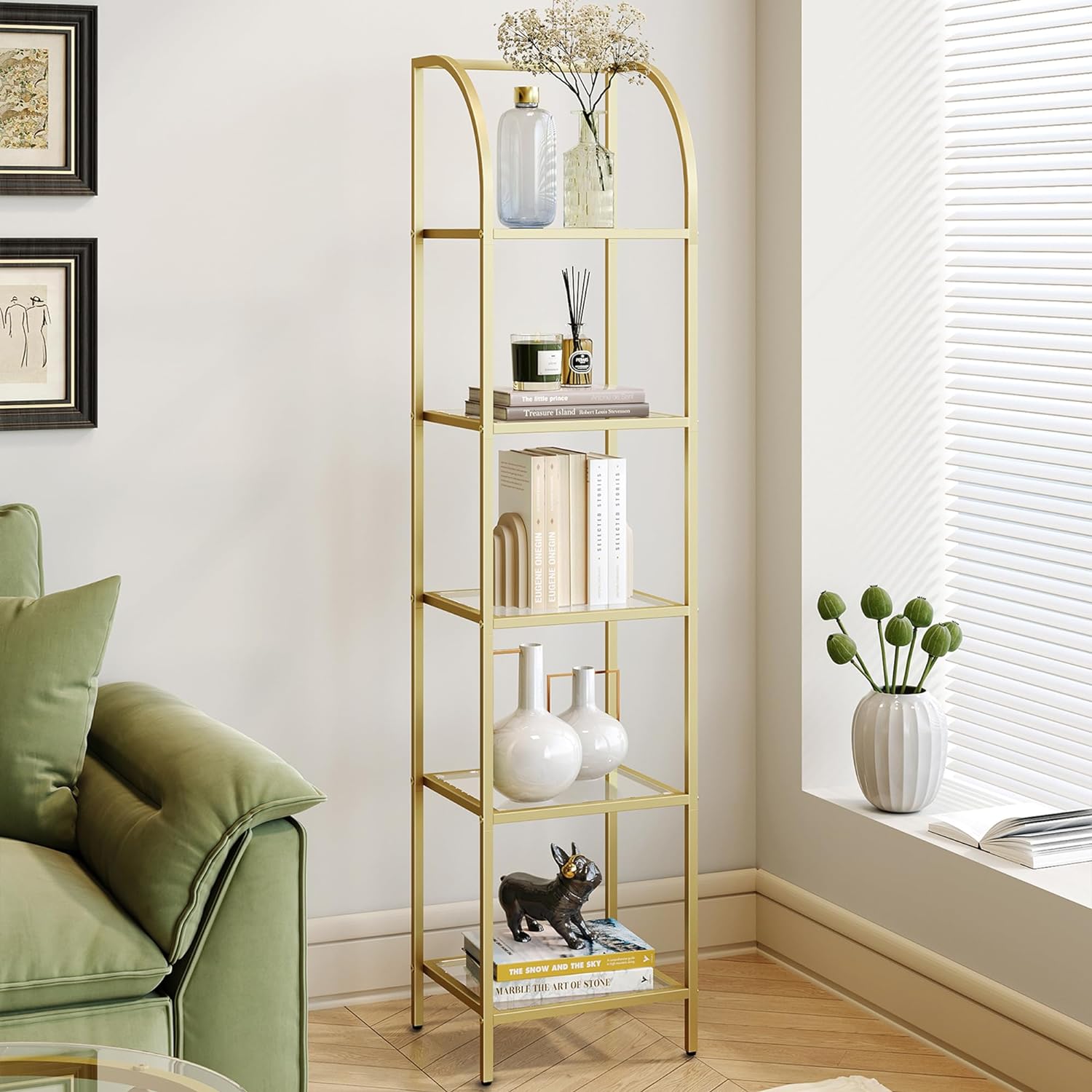 5 Tier Bookcase Bookshelf, Tempered Glass Arched Bookshelf for More Storage, Slim Shelving Unit for Bedroom, Bathroom, Home Office, Steel Frame, Gold BC20599G