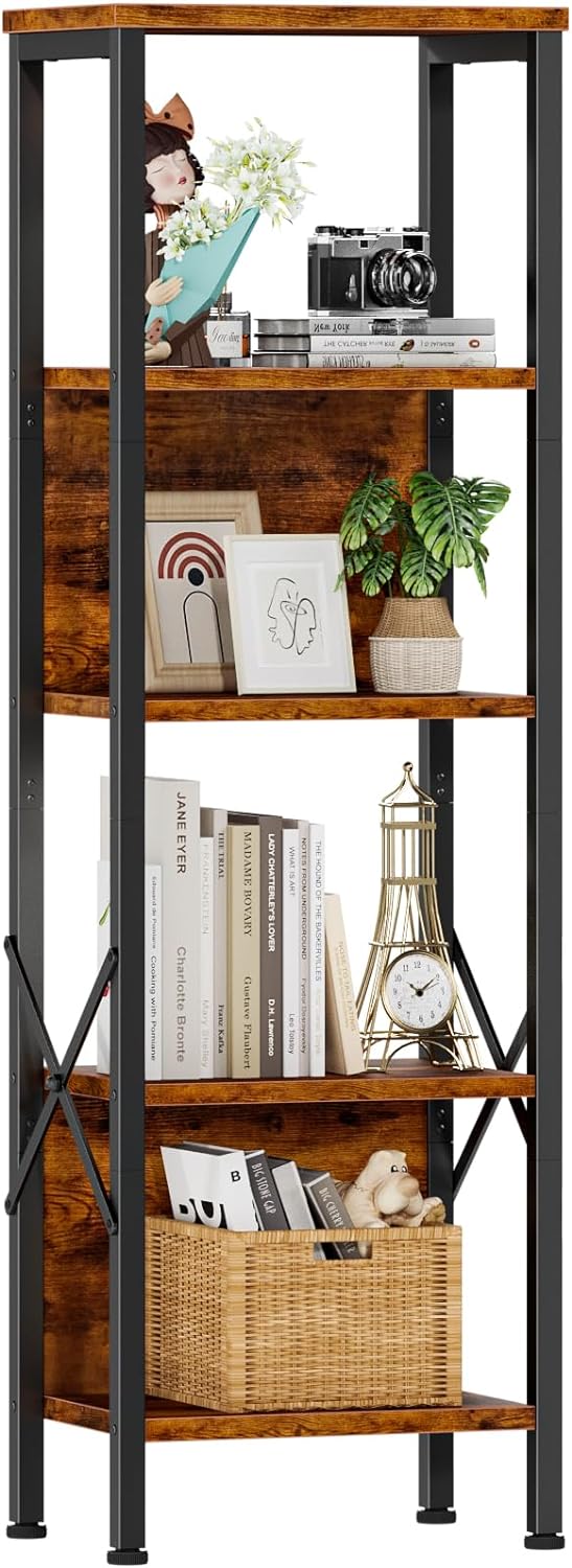 Furologee 5 Tier Bookshelf with Back, Tall Narrow Bookcase, Rustic Standing Shelf Units, Metal and Wood Display Storage Rack Organizer for Bedroom, Living Room, Home Office, Entryway