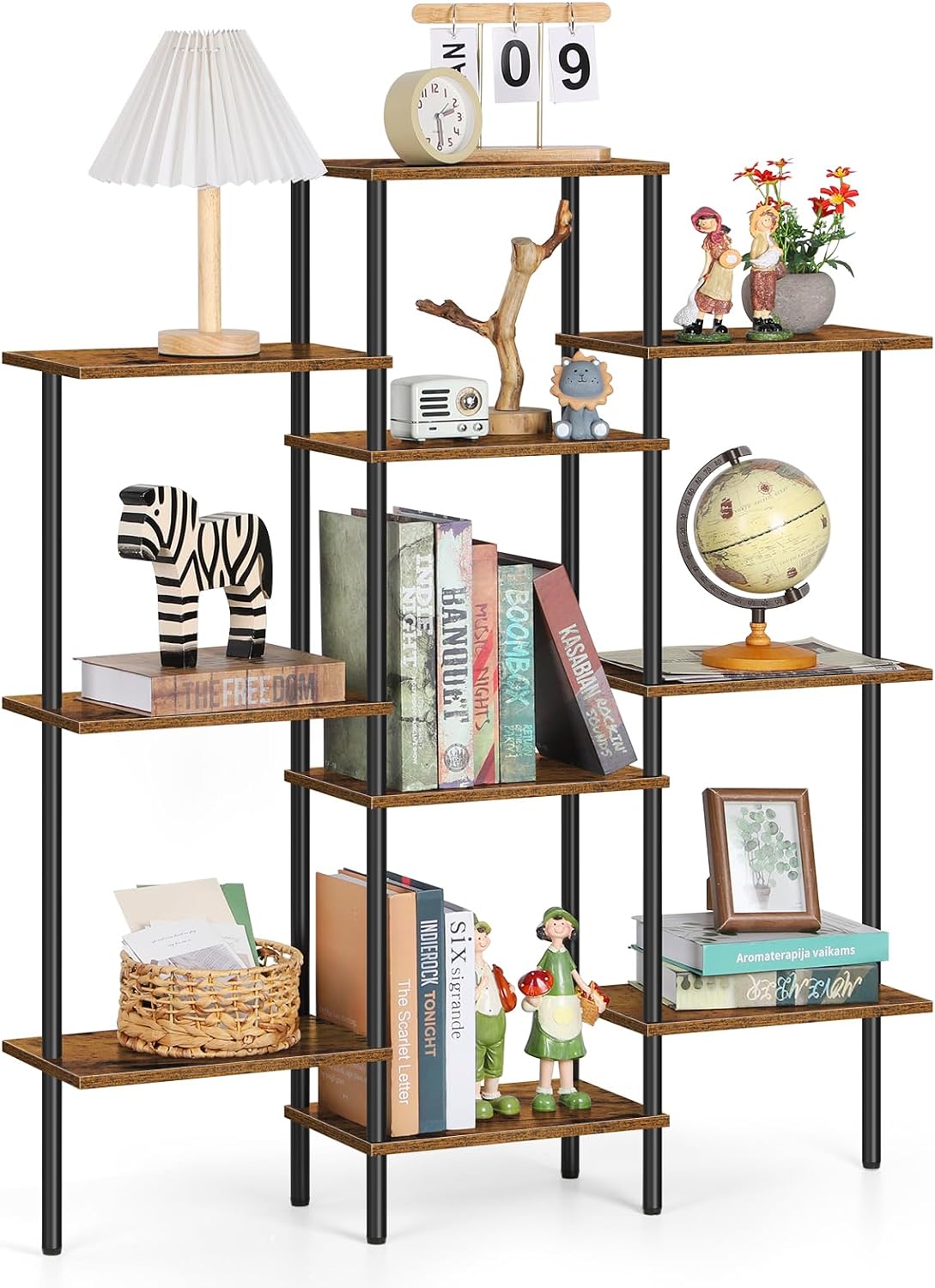 ETELI 4 Tier Small Bookshelf Triple Wide Bookcase with 10 Storage Shelves Open Shelf Book Shelf Book Case for Home & Office, Living Room, Industrial Style, 7.8 D x 37 W x 41.6 H