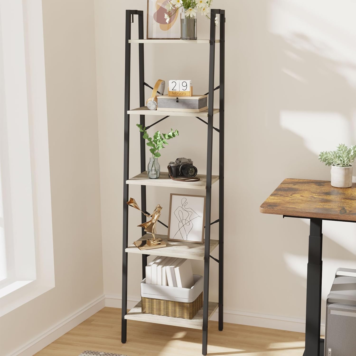 5-Tier Ladder Shelf, Bookshelf Bookcase, Freestanding Corner Storage Shelve with 2 Hooks for Home Office, Living Room, Kitchen, Bedroom, Industrial, Greige and Black BC19205B