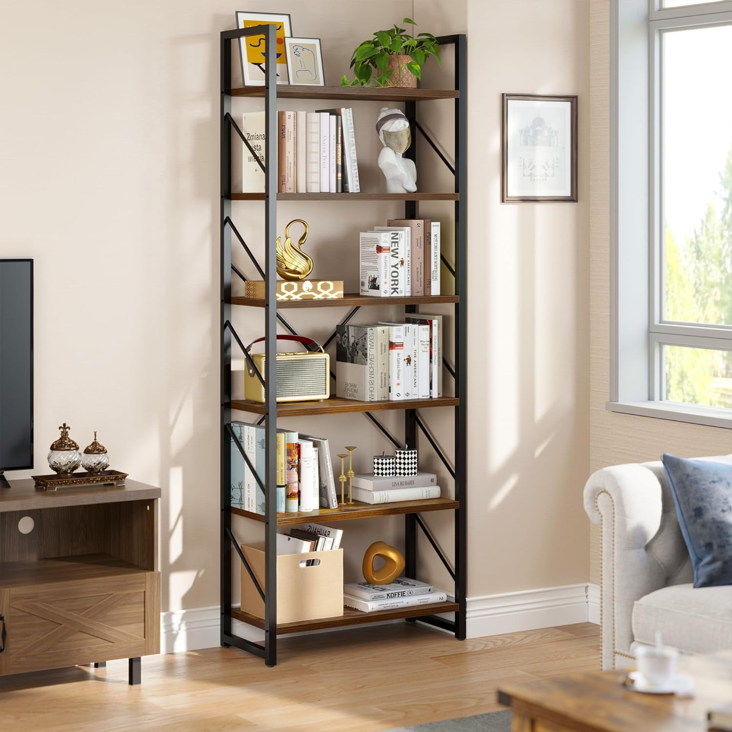 YITAHOME Tall Bookshelf Industrial Book Shelf 6 Tier Bookcase, Open Display Storage Rack Shelves for Living Room/Bedroom/Home/Office/Kitchen, Holder Organizer for Books/Movies, Rustic Brown