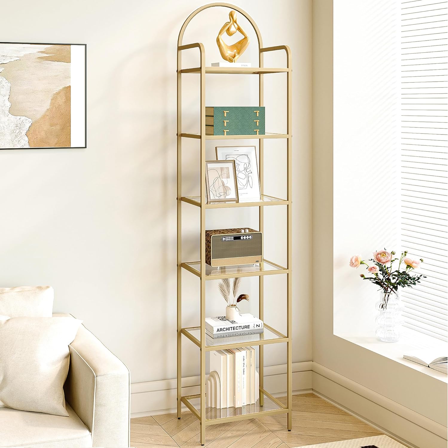 6 Tier Bookcase Bookshelf, Tempered Glass Bookshelves, Slim Shelving Unit for Bedroom, Bathroom, Home Office, Steel Frame, Gold BC10601G