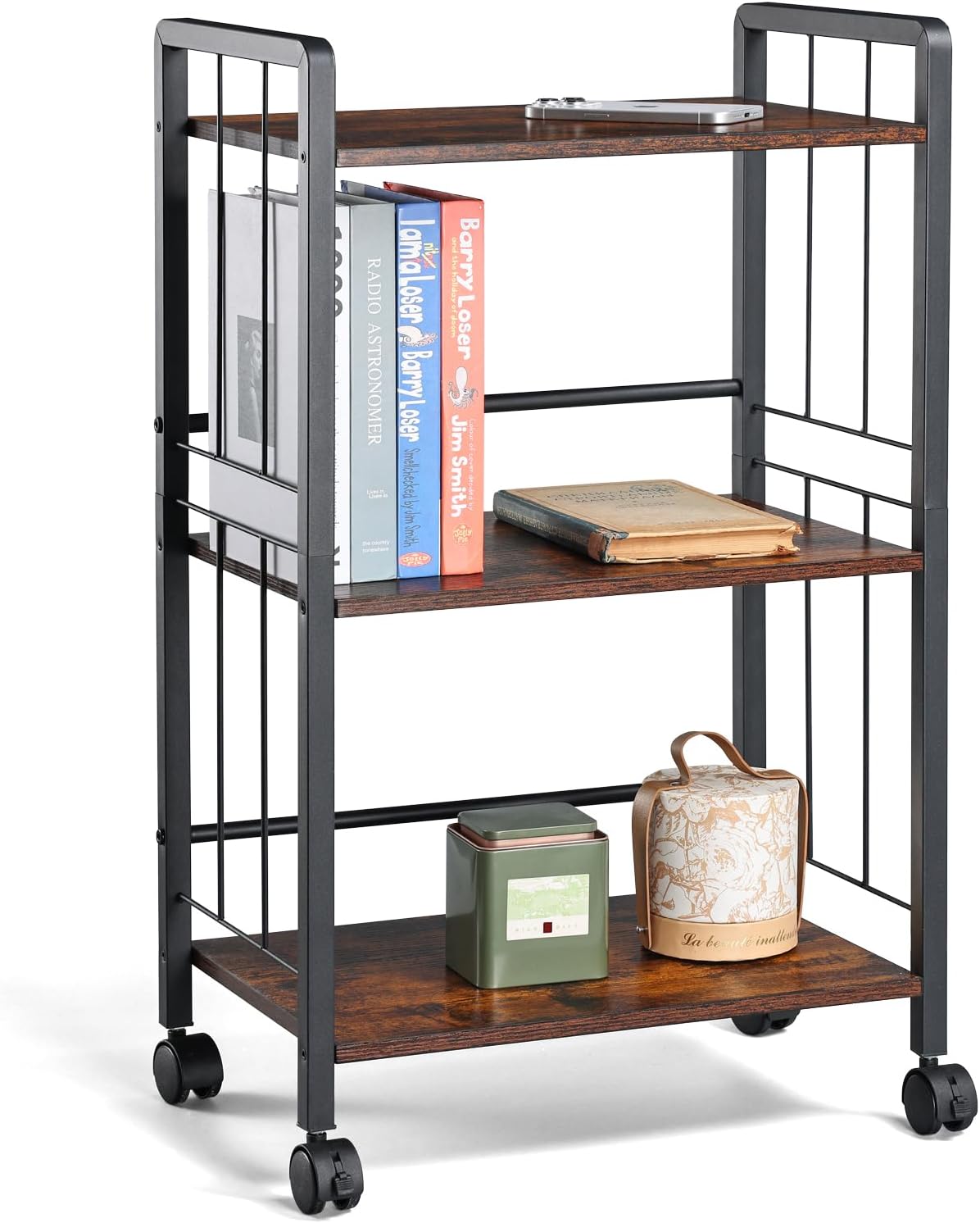 Bookshelf with Wheels 3 Tier Bookcase Industrial Metal Small Book Shelf Short Book Case Storage Organizer for Living Room, Bedroom, and Home Office