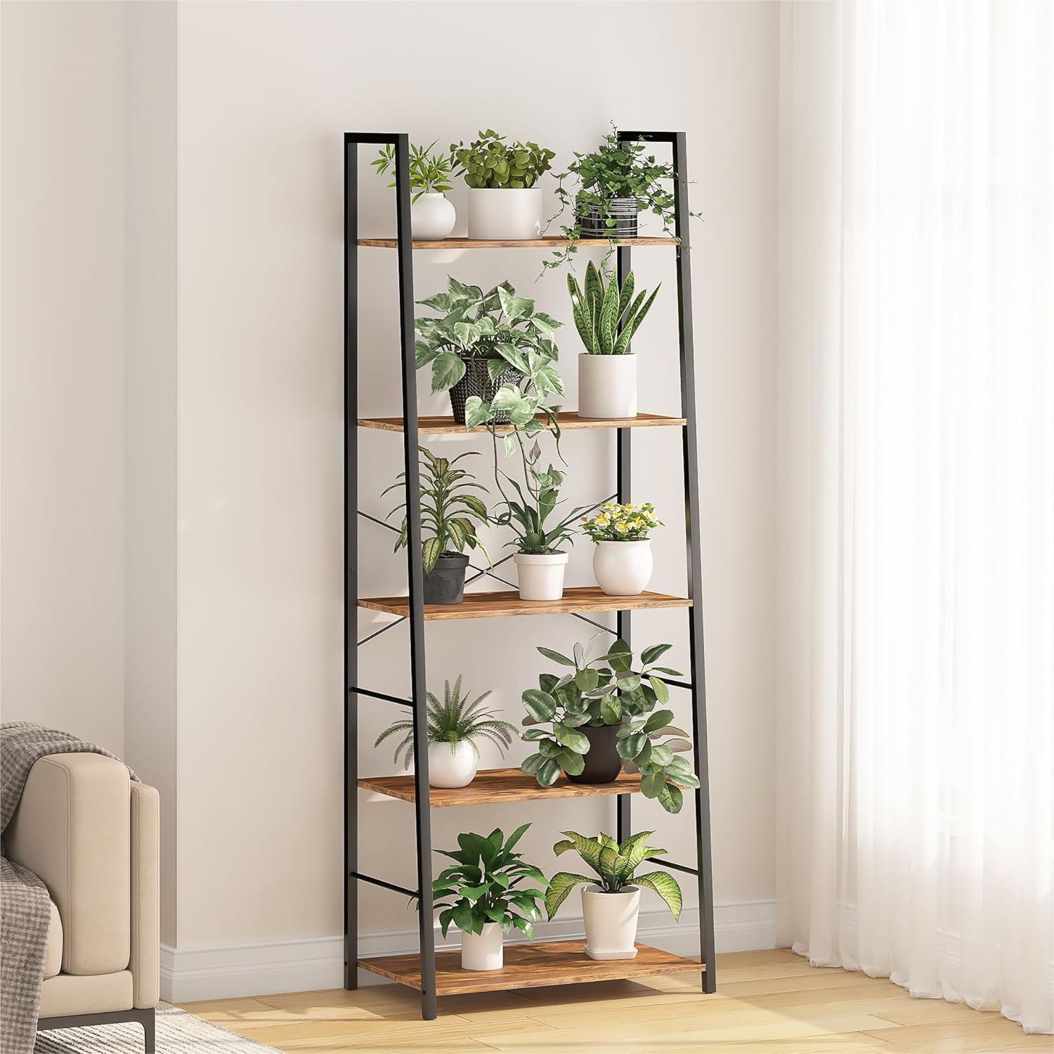 Bookshelf 5 Tier, Industrial Ladder Bookcase, Storage Shelf Organizer with Metal Frame for Living Room, Home Office, Kitchen, Bedroom (Brown)