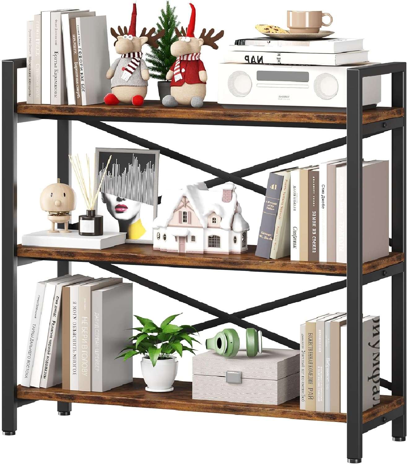 3 Tier Bookshelf 31.49 Width, Wood and Metal Etagere Bookcase, Vintage Farmhouse Modern Wooden Big Book Shelf for Home Living Room Bedroom Office Storage(Rustic Brown)