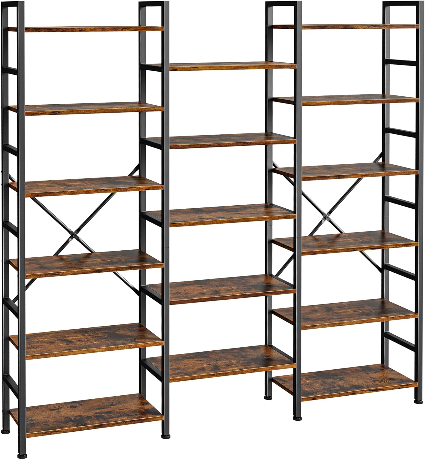 SUPERJARE Triple 6 Tier Bookshelf, Bookcase with 17 Open Display Shelves, Wide Book Shelf Book Case for Home & Office, Rustic Brown