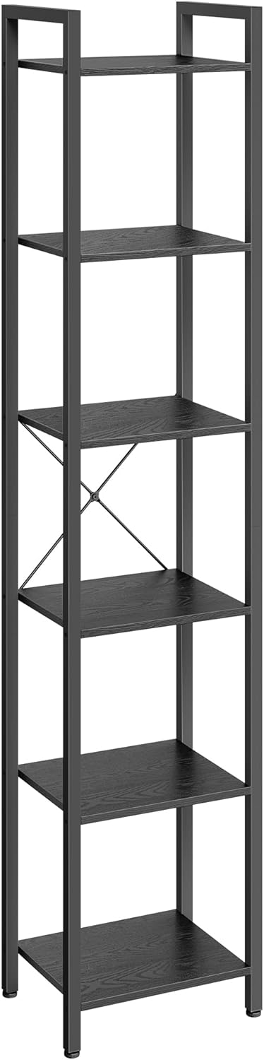 VASAGLE 6-Tier Tall Bookshelf, Narrow Bookcase with Steel Frame, Skinny Book Shelf for Living Room, Home Office, Study, 11.8 x 15.7 x 73.8 Inches, Industrial Style, Ebony Black and Black ULLS101B56