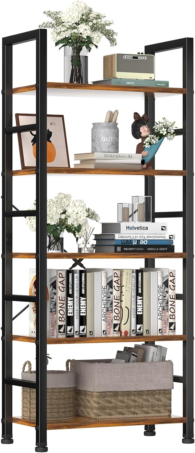 DUMOS 5 Tiers Bookshelf, Tall Bookcase Storage Shelves Organizer, Classically Modern Book Shelf for CDs/Movies/Books, Industrial Book Shelves for Home Office, Living Room, Kitchen, Bedroom, Brown