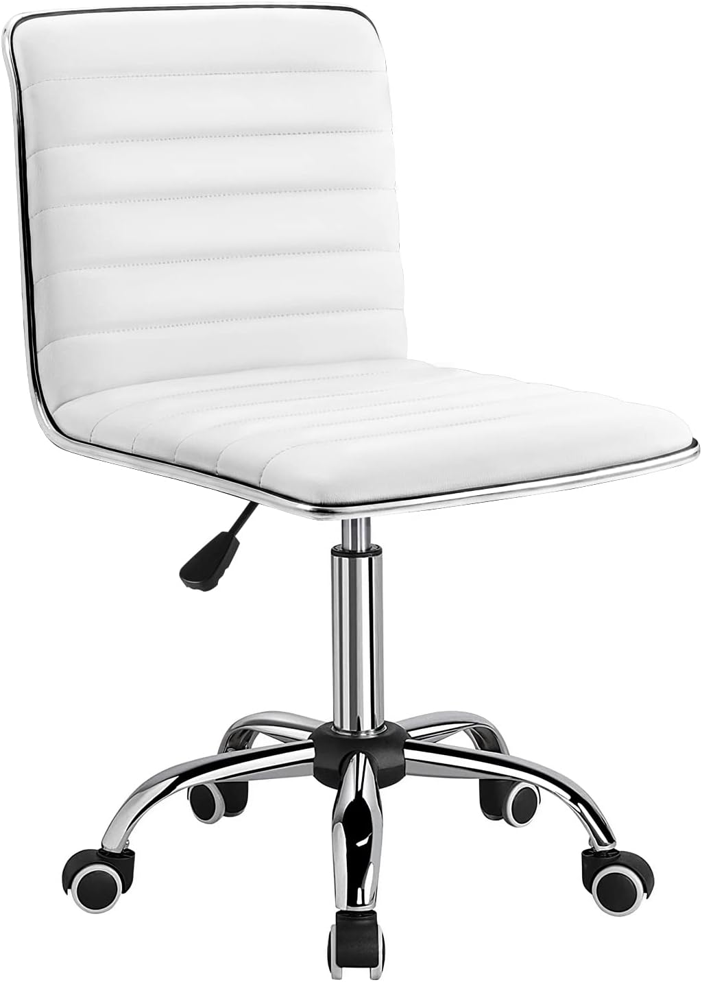 Furmax Mid Back Vanity Chair for Makeup Room, Low Back PU Leather Swivel Computer Desk Chair, Task and Office Chair Retro with Armless Ribbed (White)