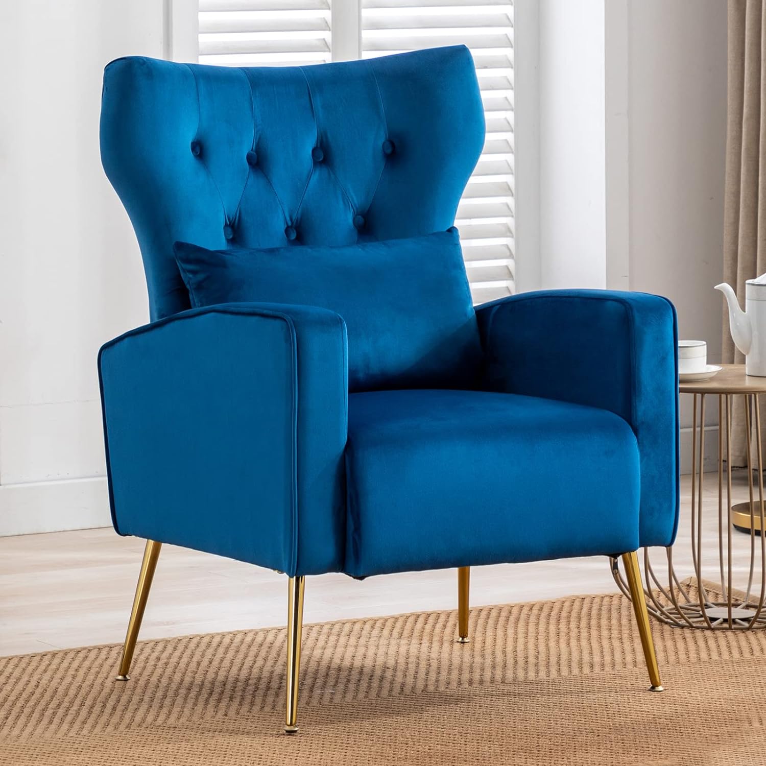 Living Room Accent Chair Upholstered Wingback Bedroom Arm Chair for Dorms Reading Reception Waiting Room, Modern Chair with Golden Legs & Lumbar Pillow, Blue