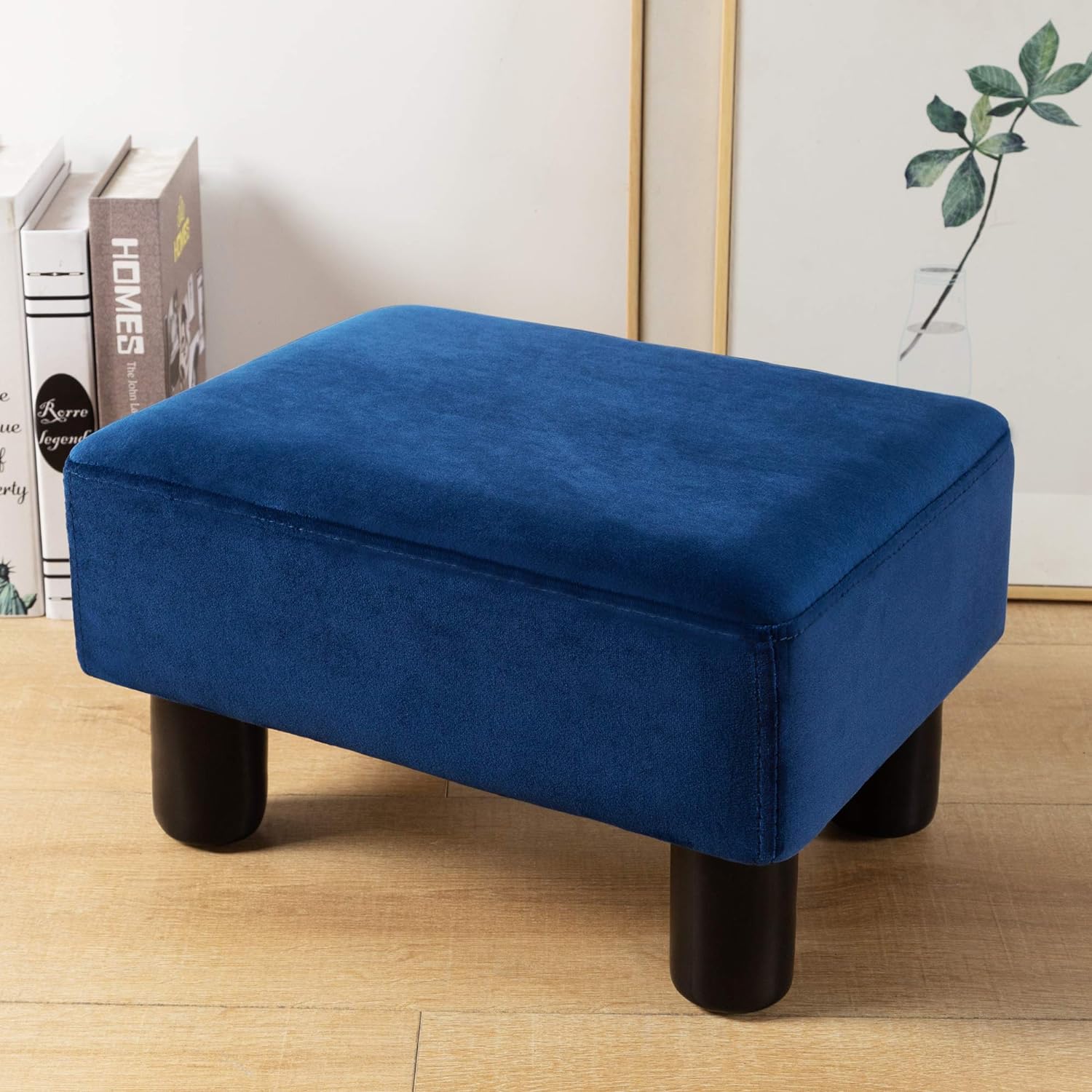 Small Rectangle Foot Stool, Velvet Fabric Footrest Ottoman Stool with Non-Skid Plastic Legs, Modern Footstools Step for Couch, Desk, Office, Living Room, Dogs, Navy