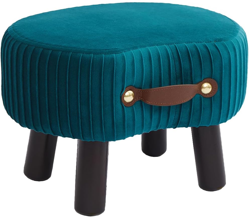 Small Footstool with Handle, Velvet Ottoman Foot Rest with Padded Seat, Curved Foot Stool with Wooden Legs, Portable Foot Rest for Living Room, Bedroom, Entryway, Peacock Blue