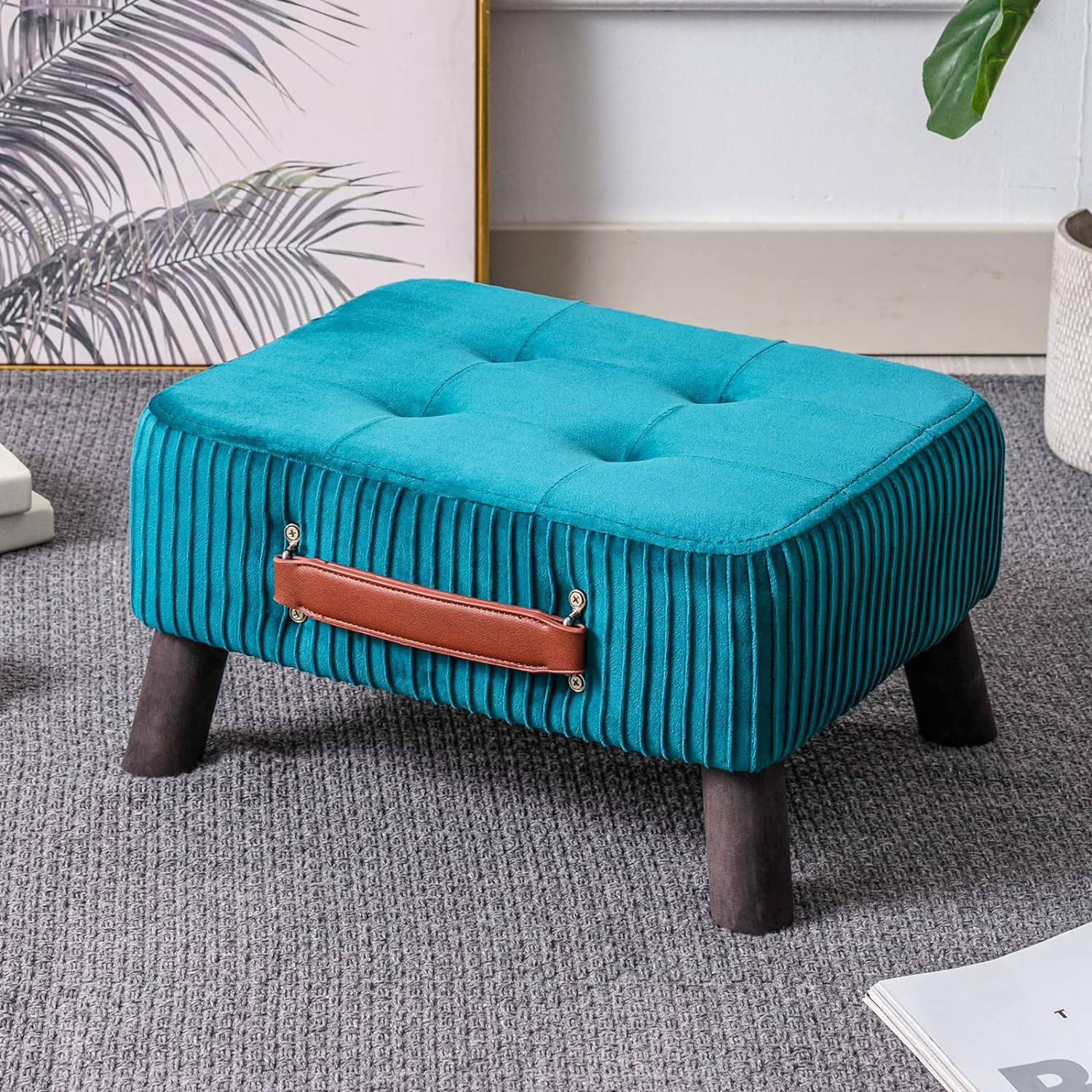 Small foot stool ottoman, Teal Velvet rectangle ottoman footrest, bedside step stool with wood legs, small Rectangular stool, foot rest for couch, small leather ottoman for desk, living room, bedroom