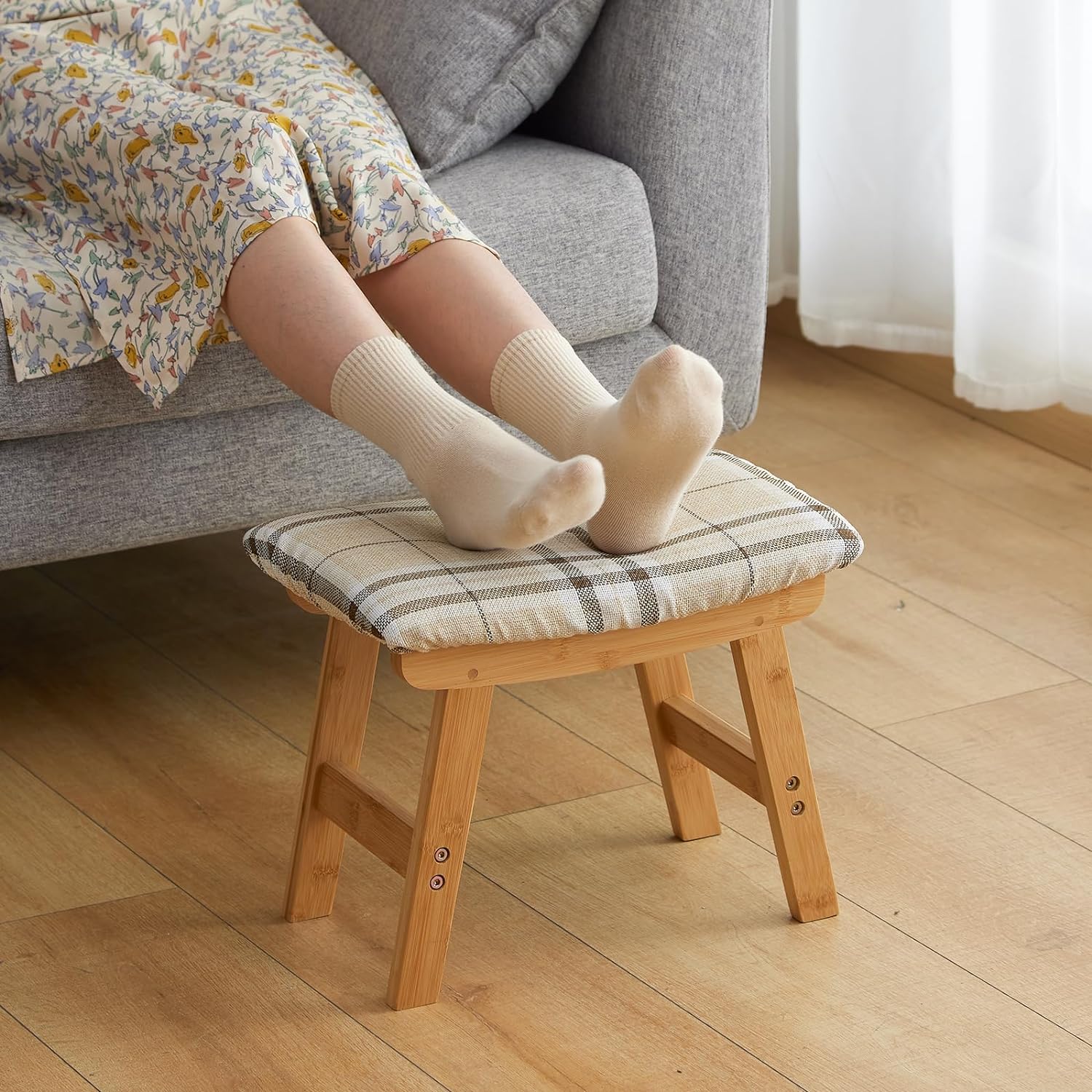 Foot Stool,Ottoman Foot Rest,Bamboo Foot Stool Under Desk,Small Stool for Living Room, Bedroom and Kitchen (Natural Legs - Stripes Stool Surface)