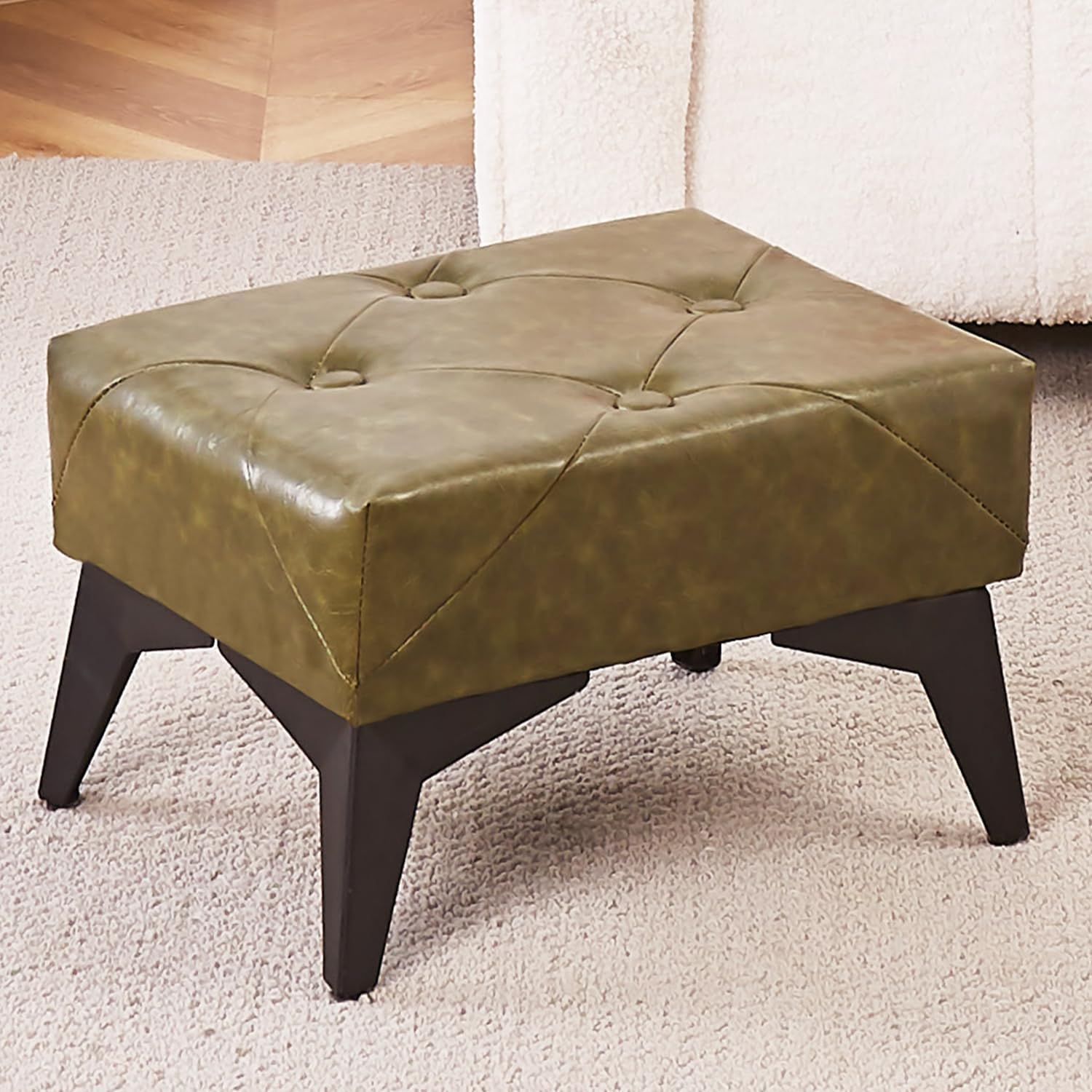 Cpintltr Small Footstool Ottoman, Leather Soft Footrest Ottoman with Iron Legs, Rectangle Foot Stools with Non-Slip Pads, Step Stool, Extra Seating for Living Room Couch Bedroom Green