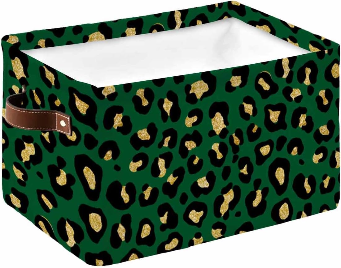 Green Leopard Print Cube Storage Organizer Bins with Handles,15x11x9.5 Inch Collapsible Canvas Cloth Fabric Storage Basket,Books Kids' Toys Bin Boxes,Closet Spring St. Patrick' Day Holiday 1 Pack